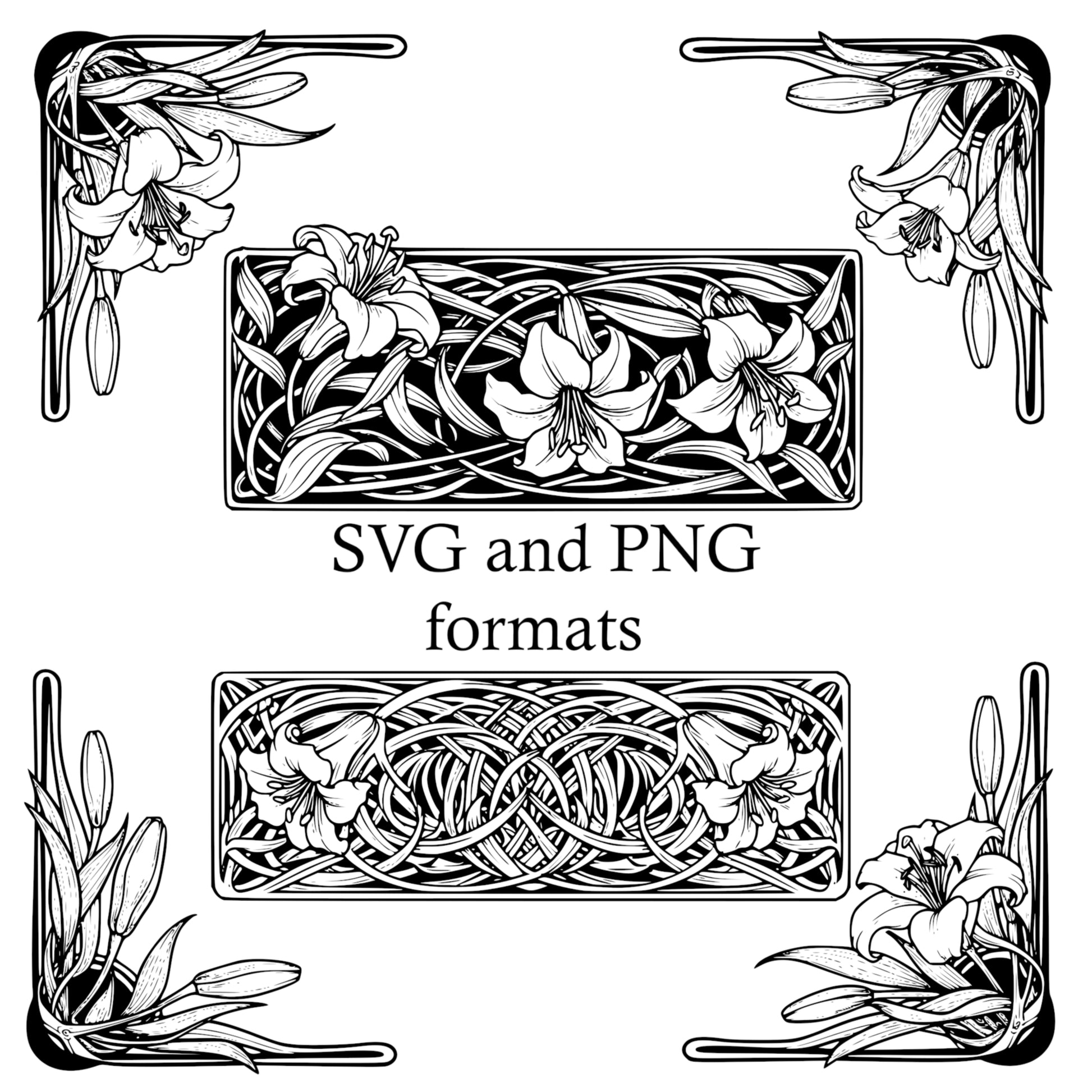 Lilies Border Frames - Vintage Flowers Clipart, SVG, PNG (Digital Download)
