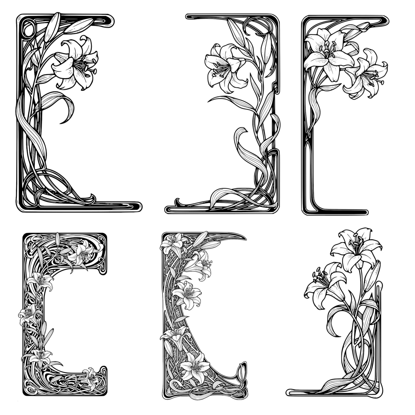 Lilies Border Frames - Vintage Flowers Clipart, SVG, PNG (Digital Download)