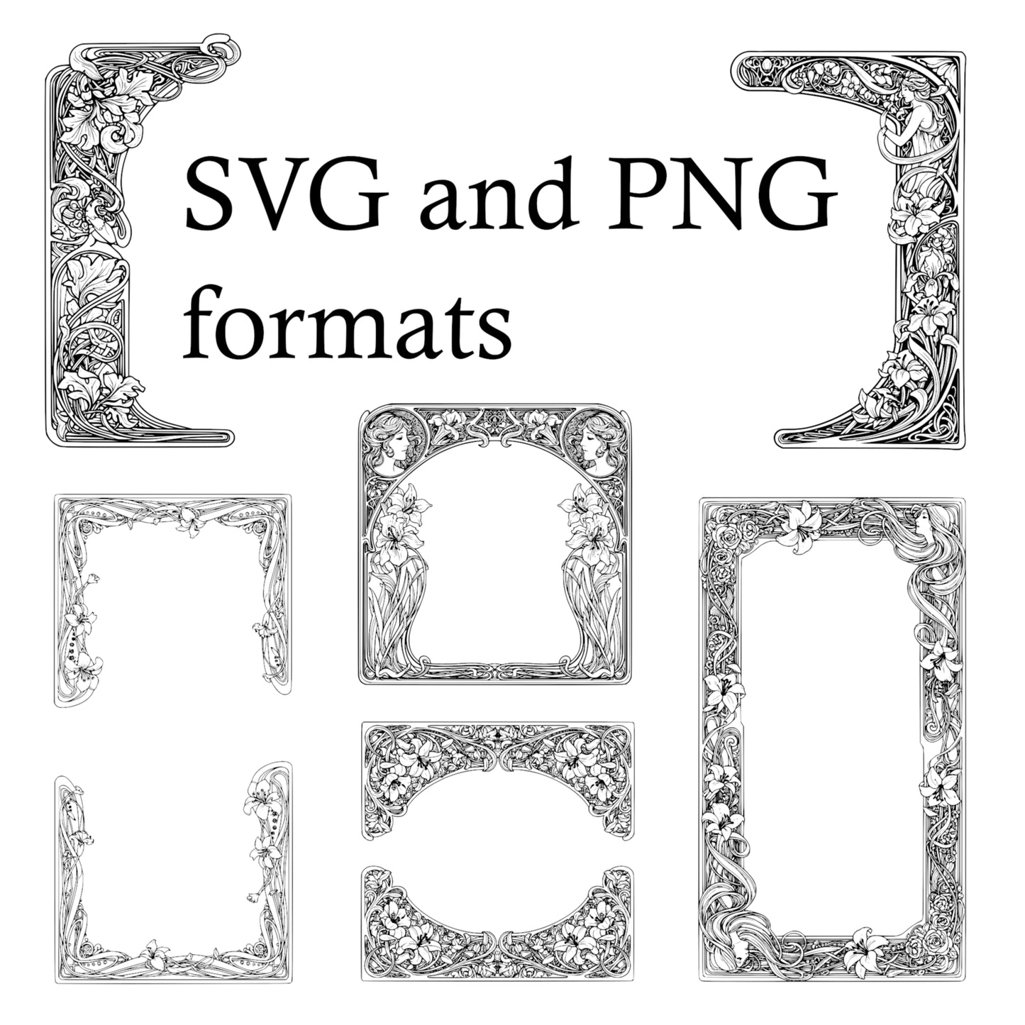 Alphonse Mucha-inspired Border Frames - Vintage Clipart, SVG, PNG (Digital Download)