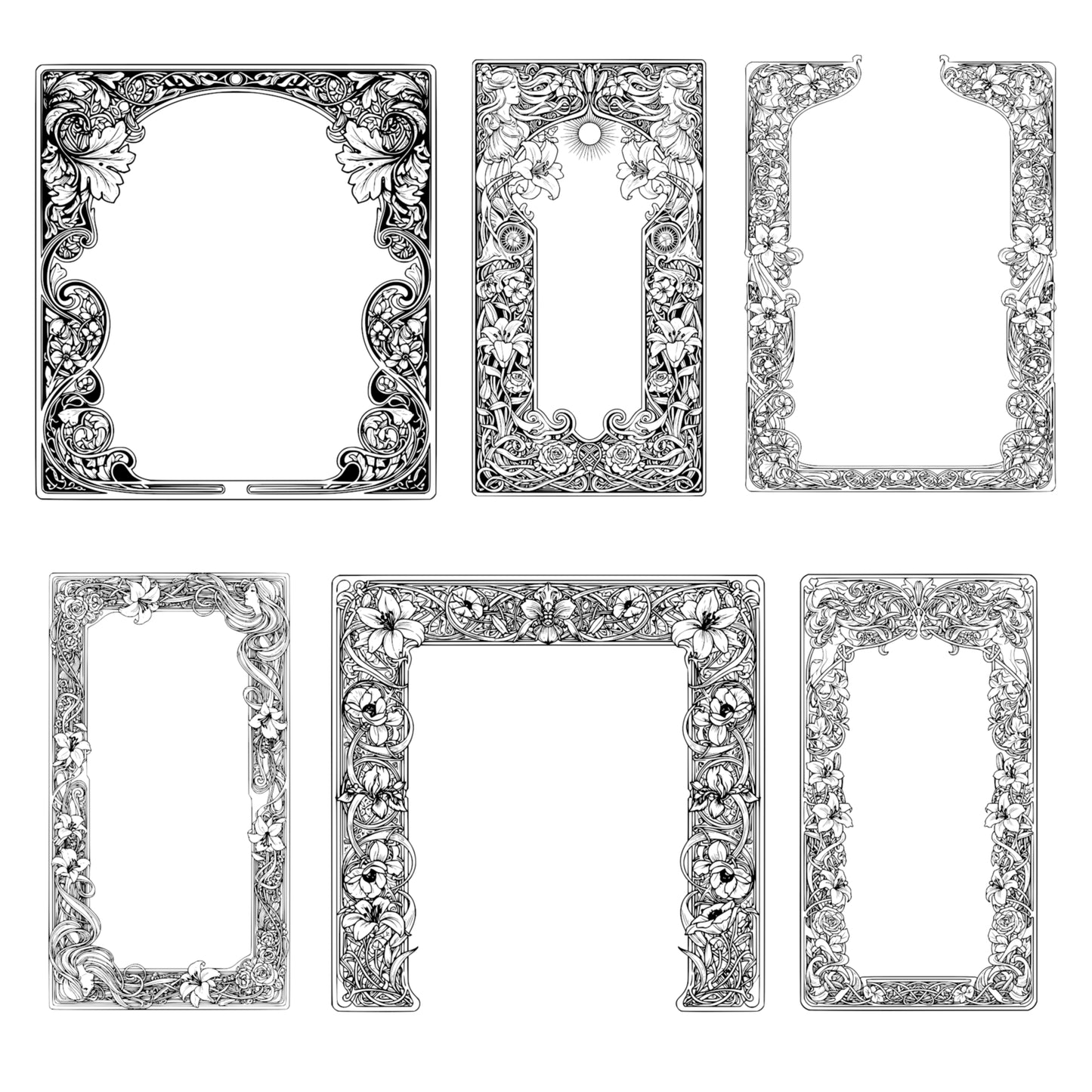 Alphonse Mucha-inspired Border Frames - Vintage Clipart, SVG, PNG (Digital Download)