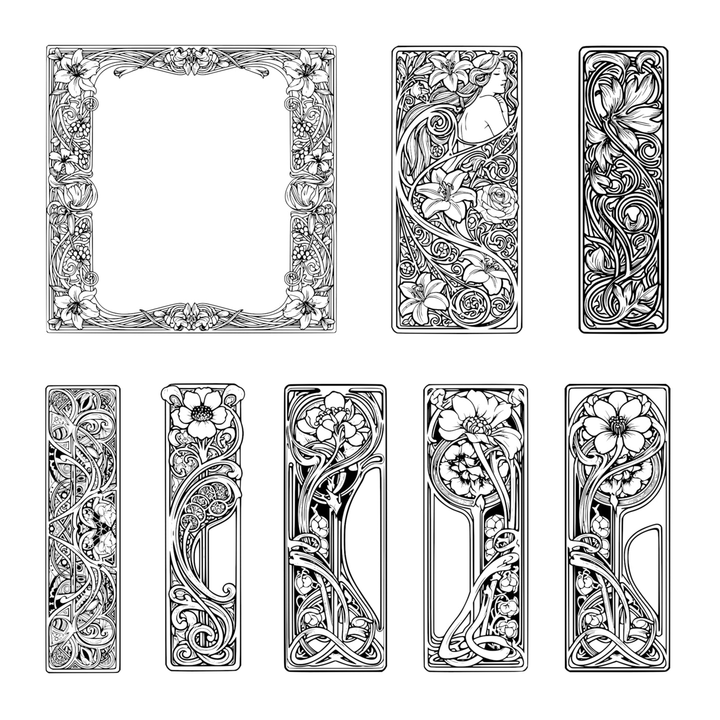 Alphonse Mucha-inspired Border Frames - Vintage Clipart, SVG, PNG (Digital Download)