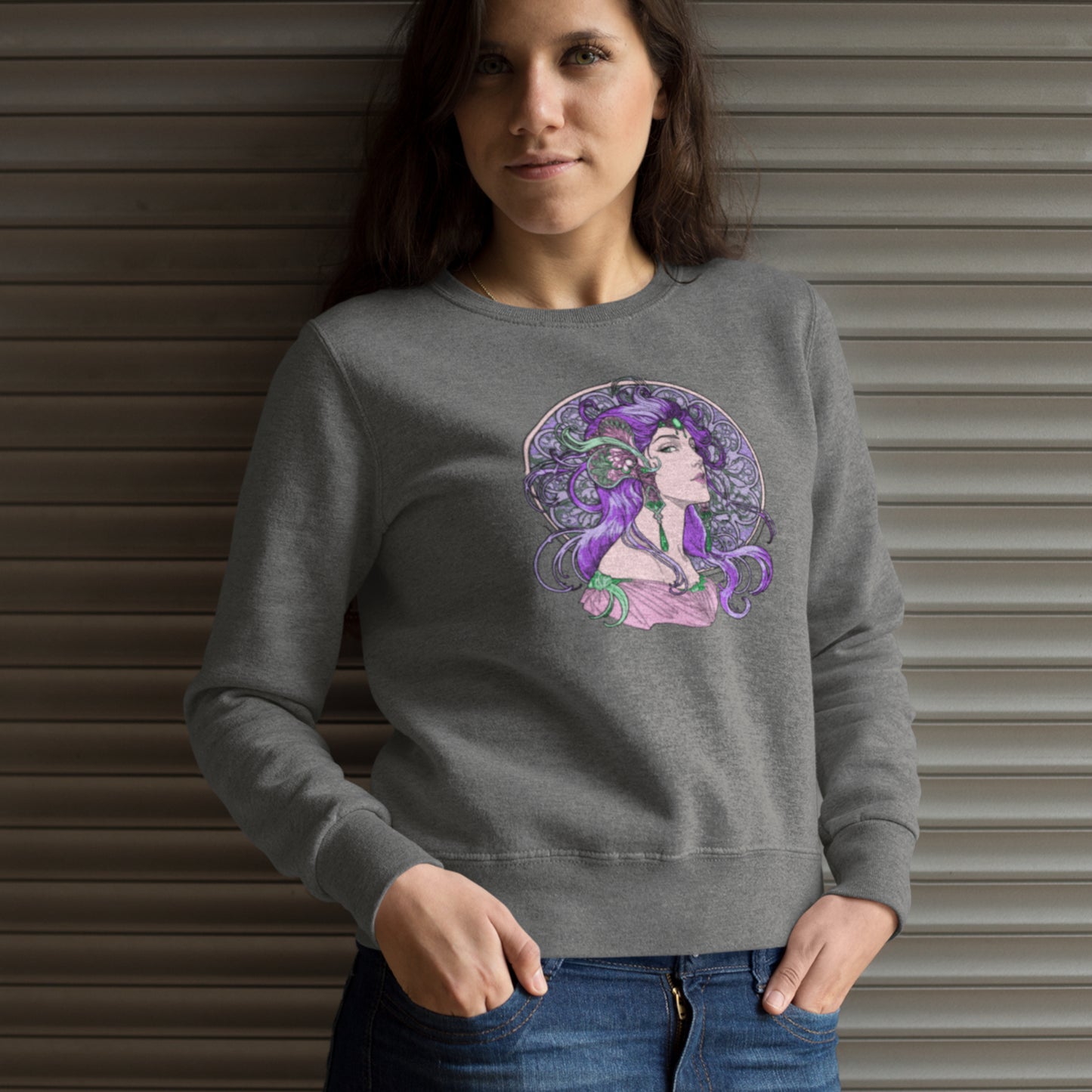 Alphonse Mucha-inspired Purple-haired Woman on Unisex Sweatshirt