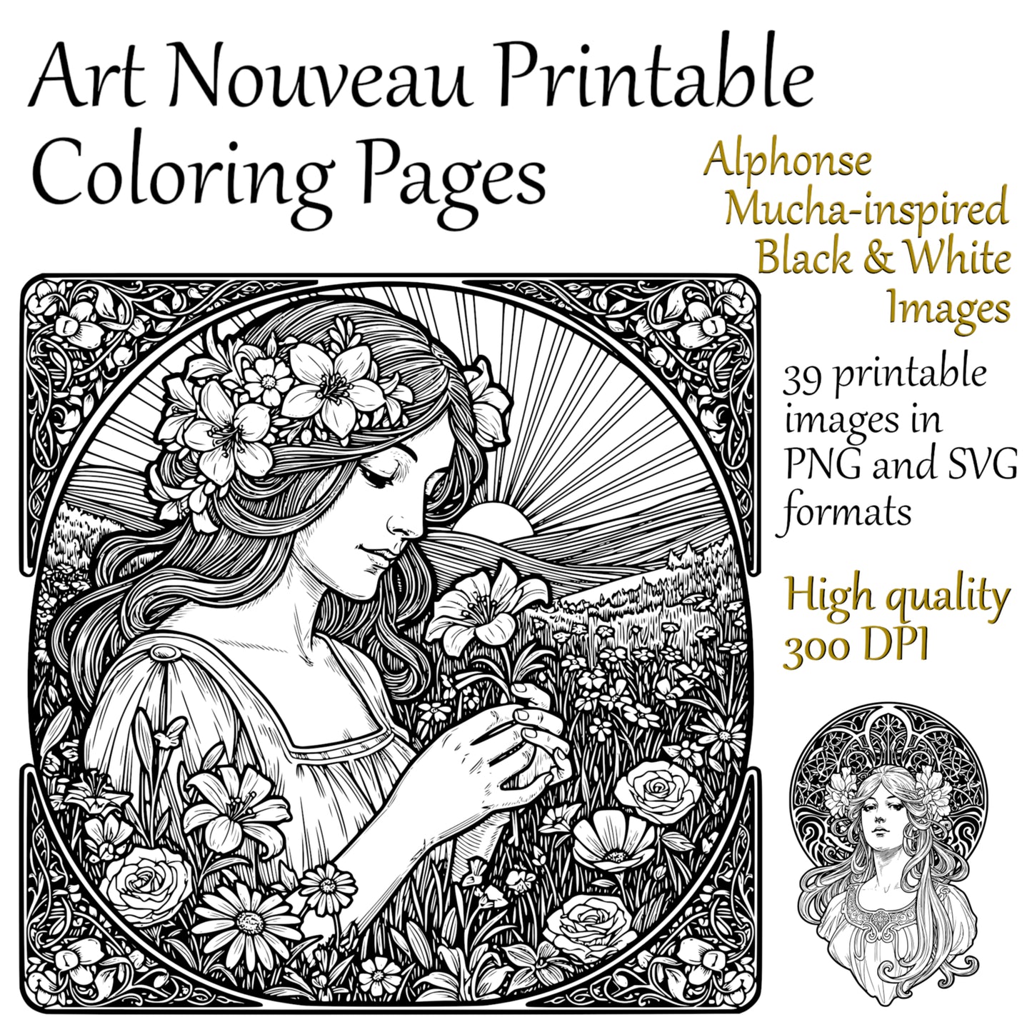 Art Nouveau Coloring Pages – Alphonse Mucha Style Women (Digital Download)
