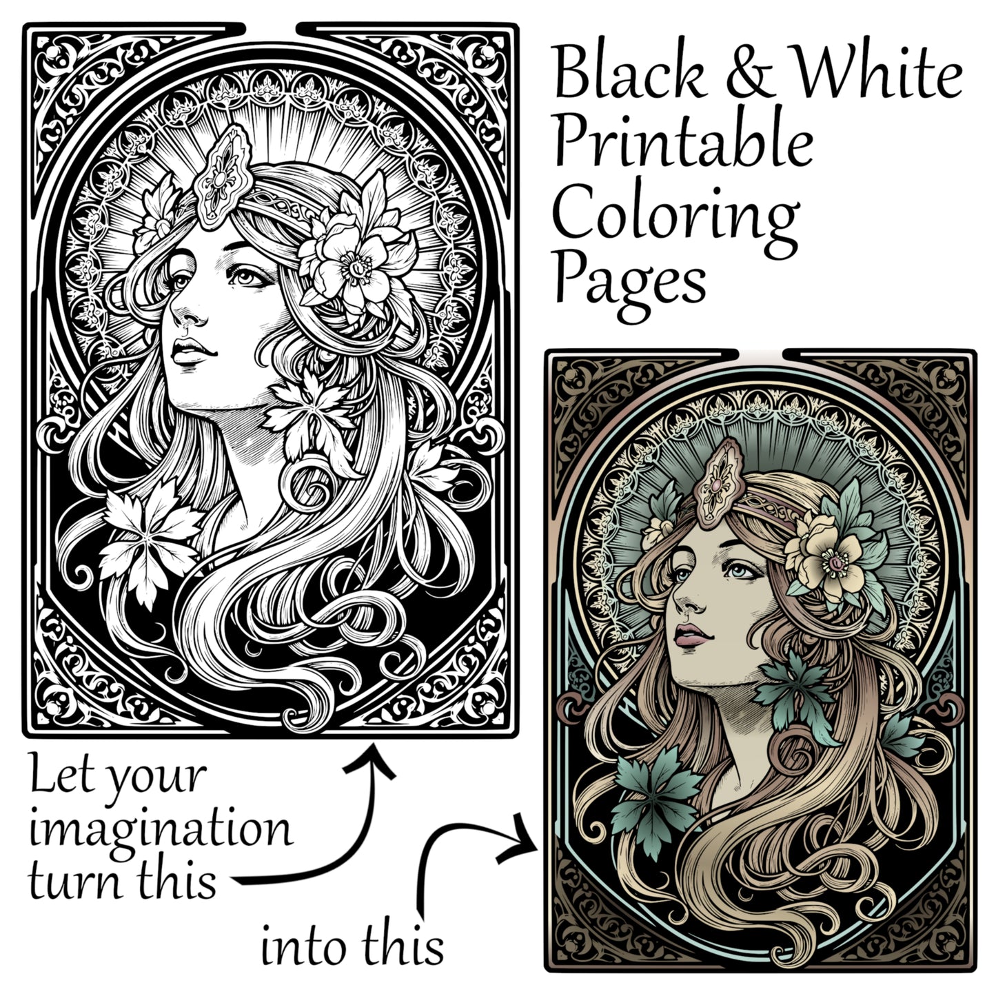 Art Nouveau Coloring Pages – Alphonse Mucha Style Women (Digital Download)