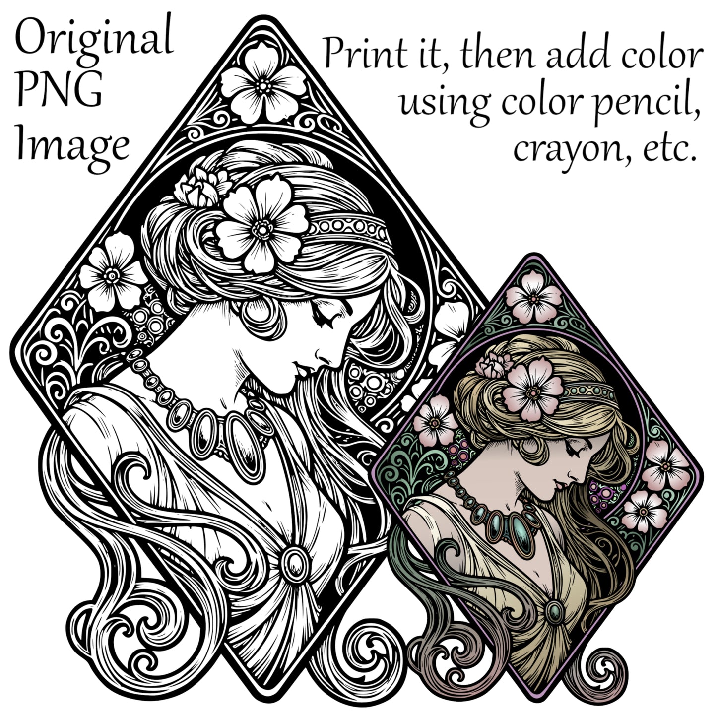 Art Nouveau Coloring Pages – Alphonse Mucha Style Women (Digital Download)