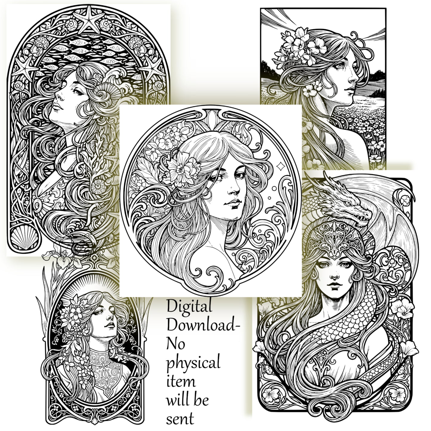 Art Nouveau Coloring Pages – Alphonse Mucha Style Women (Digital Download)