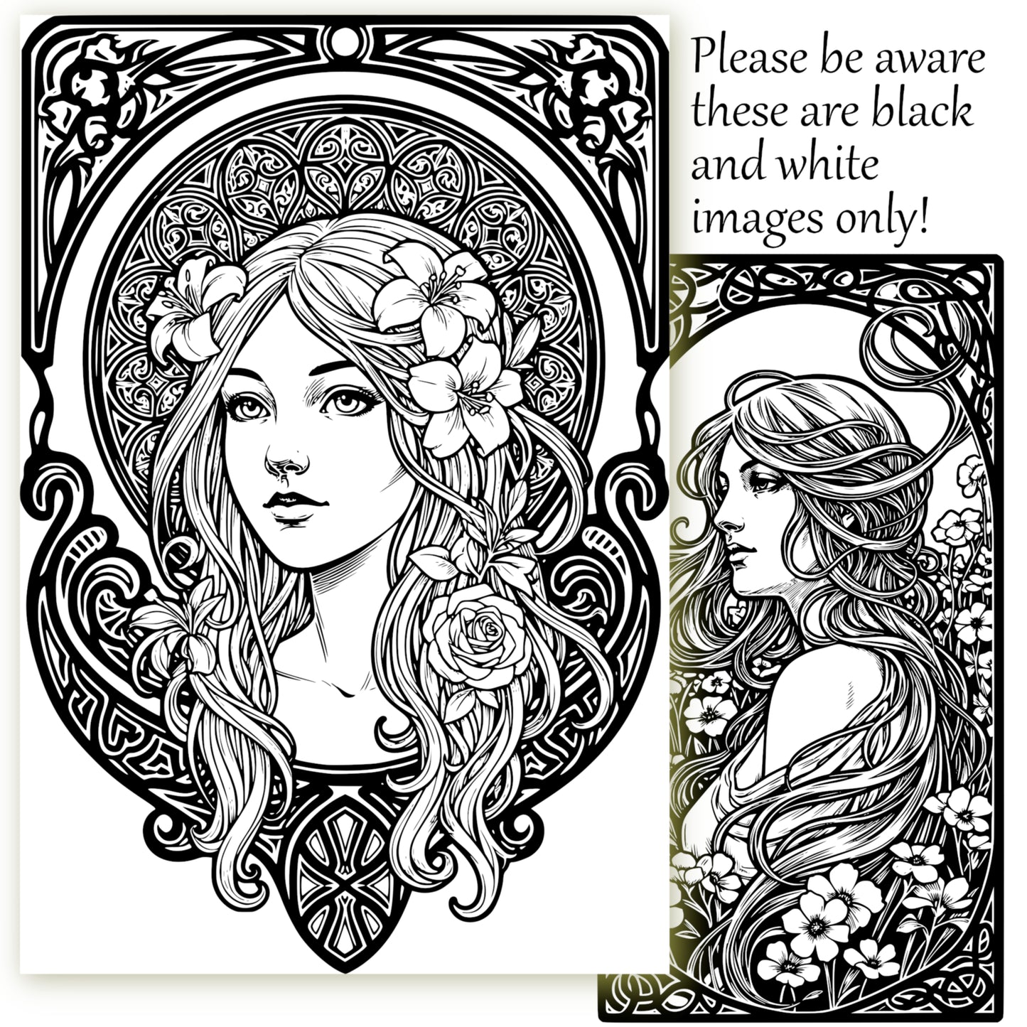Art Nouveau Coloring Pages – Alphonse Mucha Style Women (Digital Download)