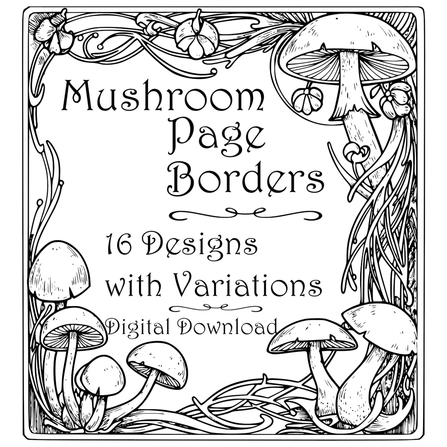 Digital Border Frames - Mushroom theme - Vintage styled Clipart, Wedding Invite Card Making