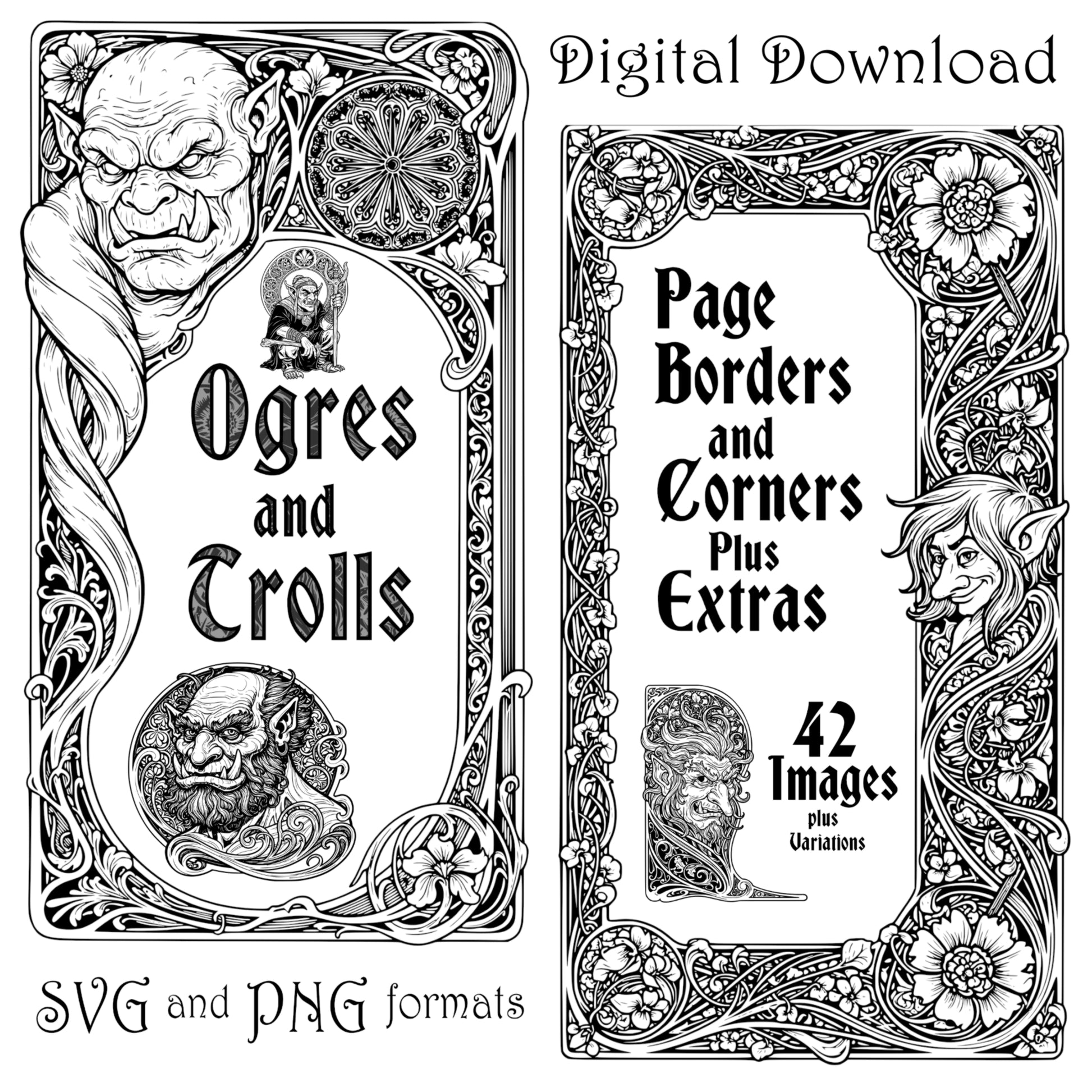 Ogres and Trolls Art Nouveau Page Borders, Corners and Extras. Digital Download - 42 Images