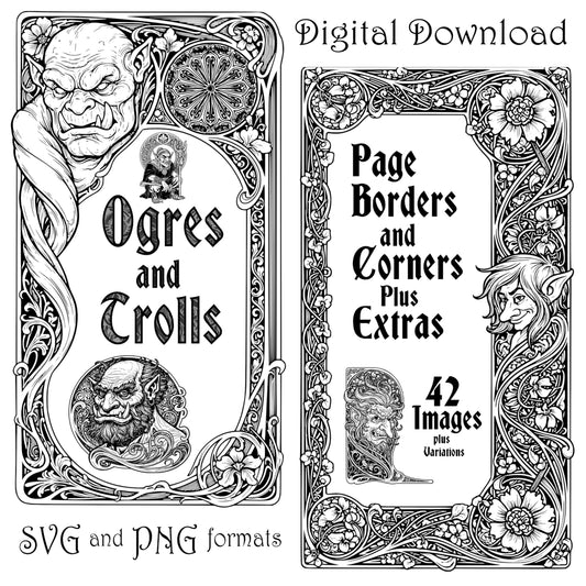 Ogres and Trolls Art Nouveau Page Borders, Corners and Extras. Digital Download - 42 Images
