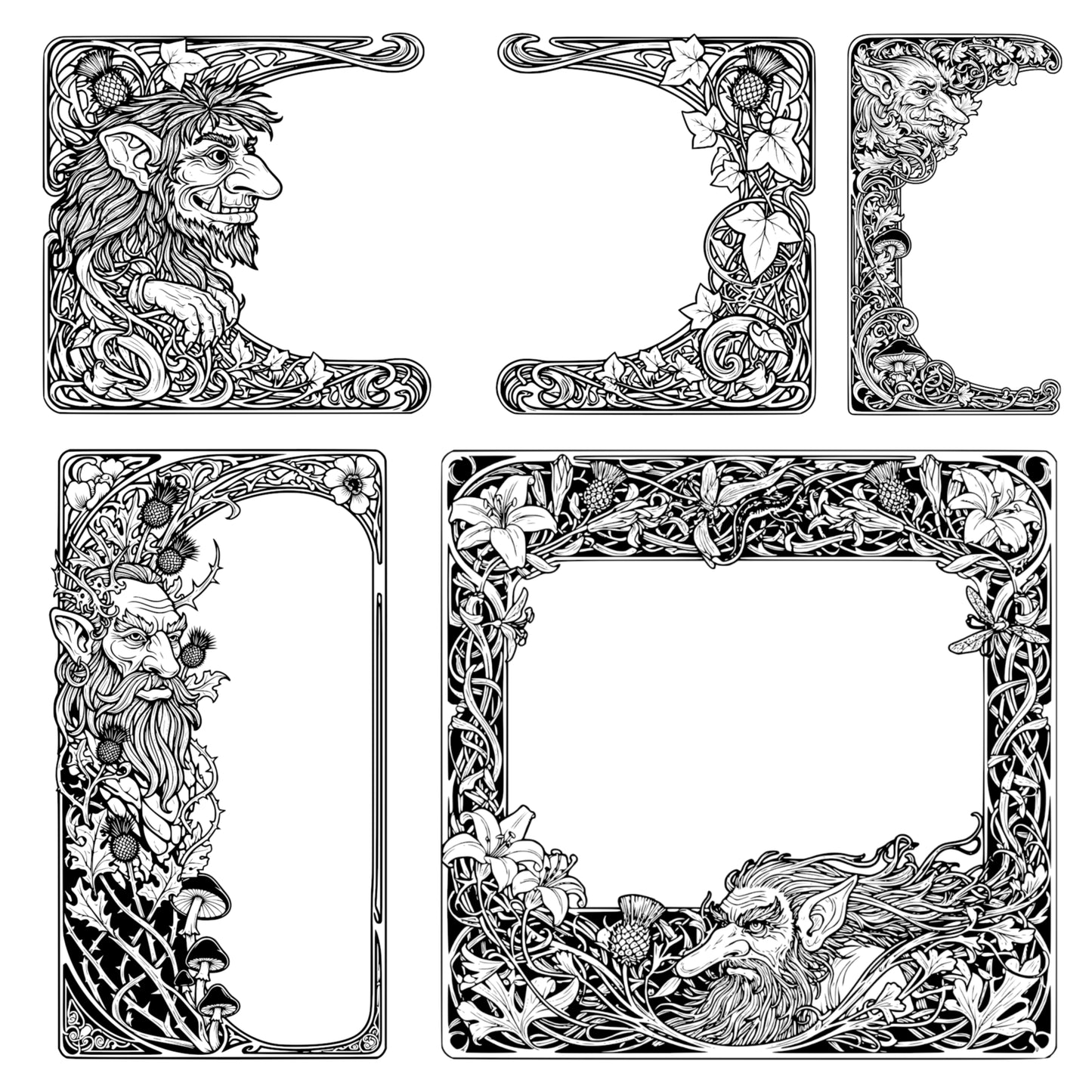 Ogres and Trolls Art Nouveau Page Borders, Corners and Extras. Digital Download - 42 Images
