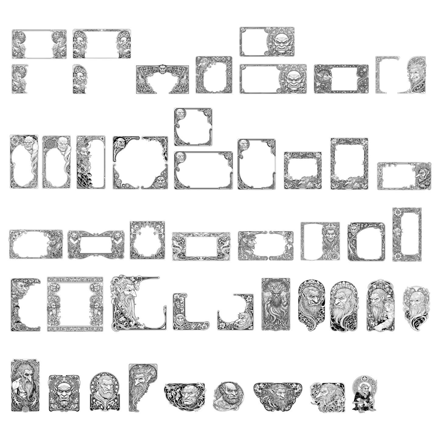 Ogres and Trolls Art Nouveau Page Borders, Corners and Extras. Digital Download - 42 Images