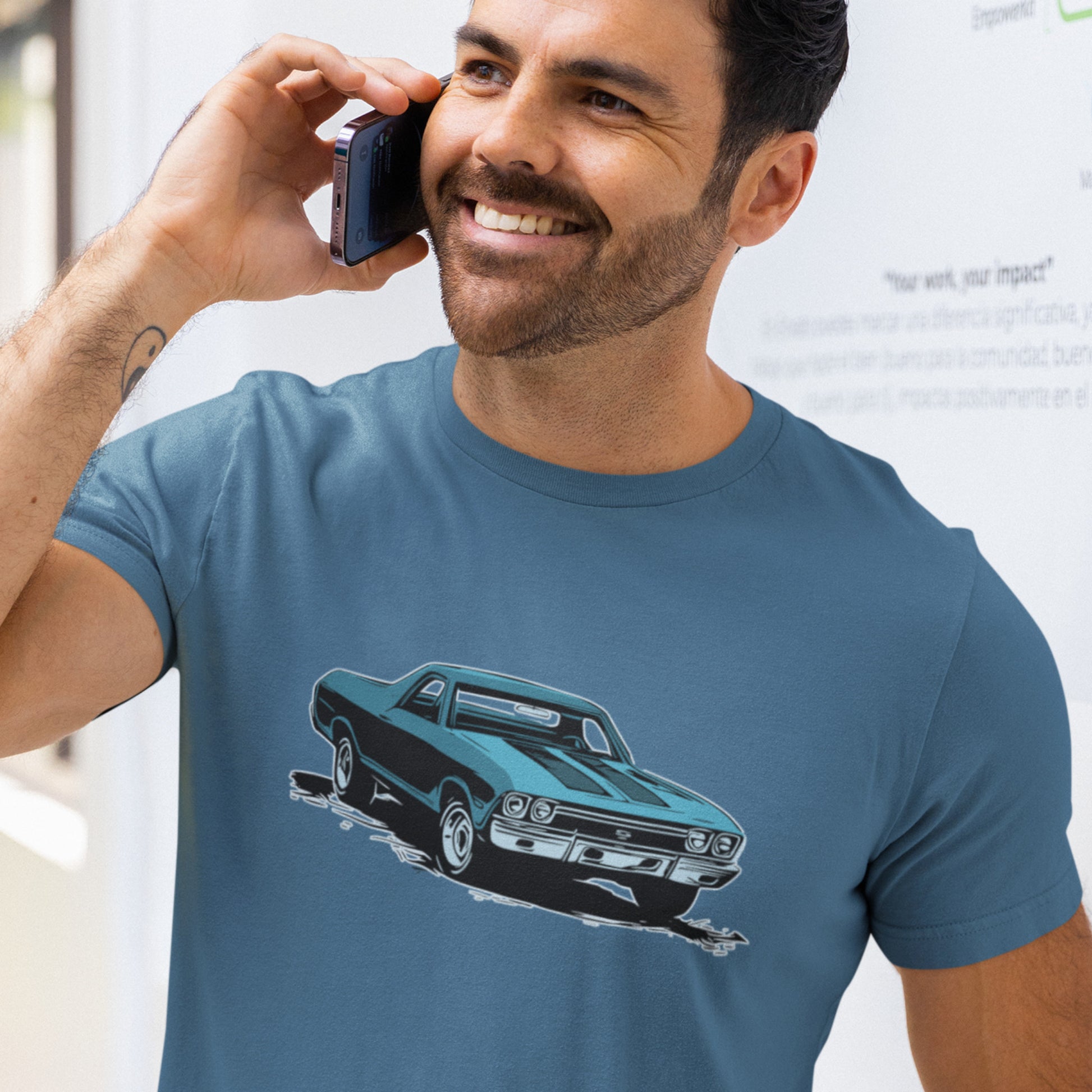 Classic car shirt featuring blue 68 El Camino - Unisex Jersey Tee - 1968 Chevy truck