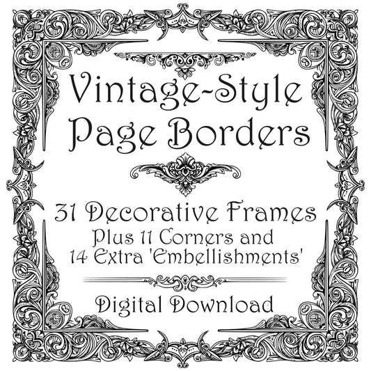 Vintage-style Page Border Frames - Decorative Clipart, SVG, PNG (Digital Download)