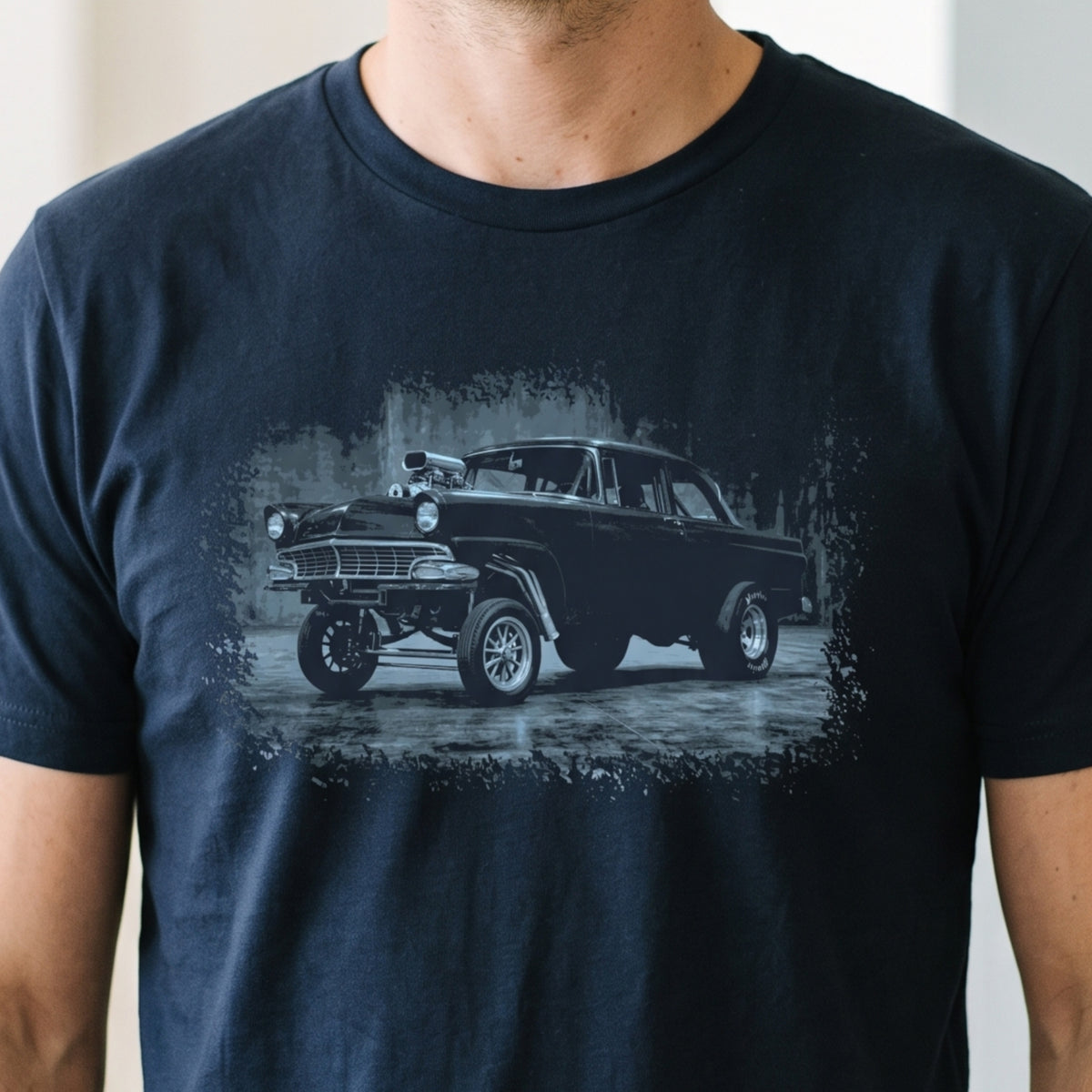56 Ford Gasser T-Shirt, Vintage Drag Racing Hot Rod Shirt, blue theme