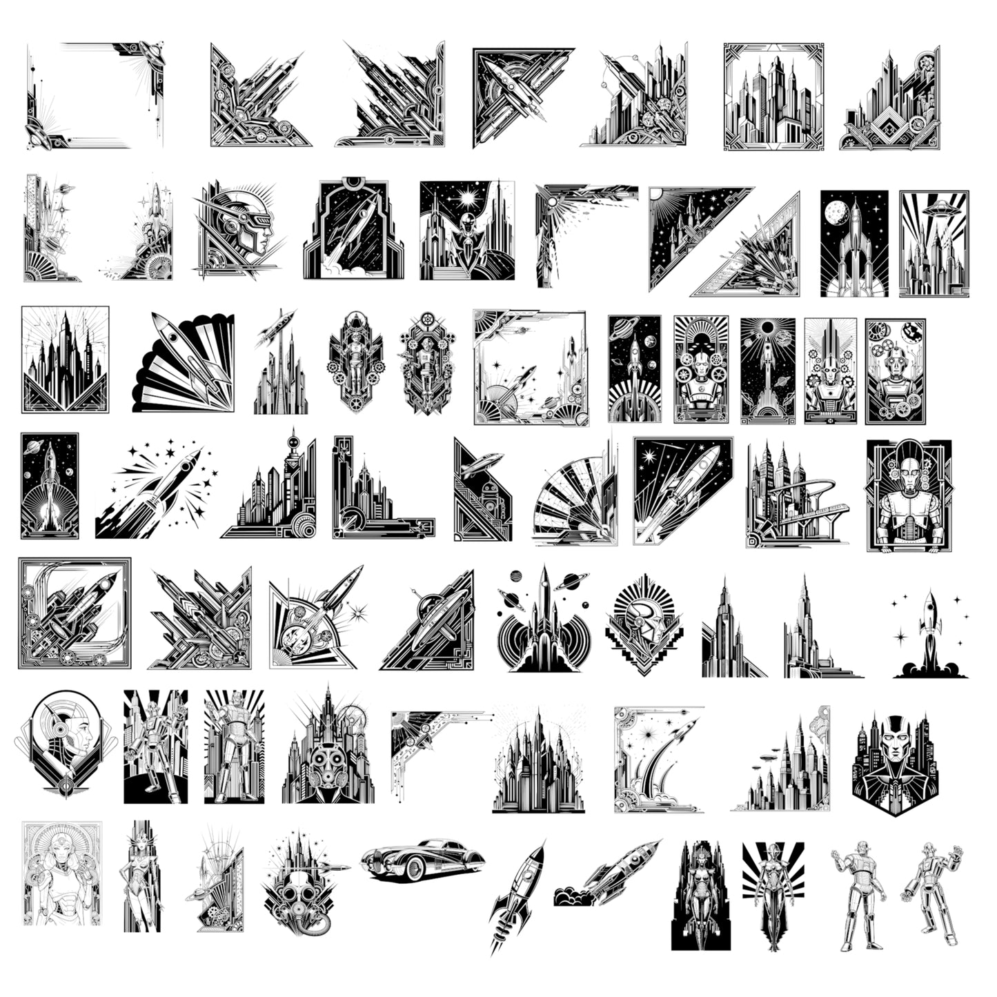 Art Deco Sci-Fi Themed Graphics Bundle - Vintage Clipart, SVG, PNG (Digital Download) 65 images. Black and white art deco style illustrations of cityscapes, robots, airships . The collection includes corner and rectangular compositions.