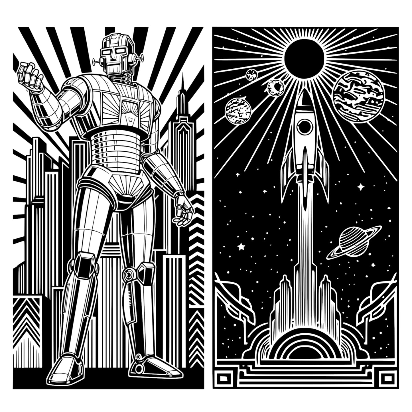 Art Deco Sci-Fi Themed Graphics Bundle - Vintage Clipart, SVG, PNG (Digital Download) 65 images. Black and white art deco style illustrations of cityscapes, robots, airships . The collection includes corner and rectangular compositions.