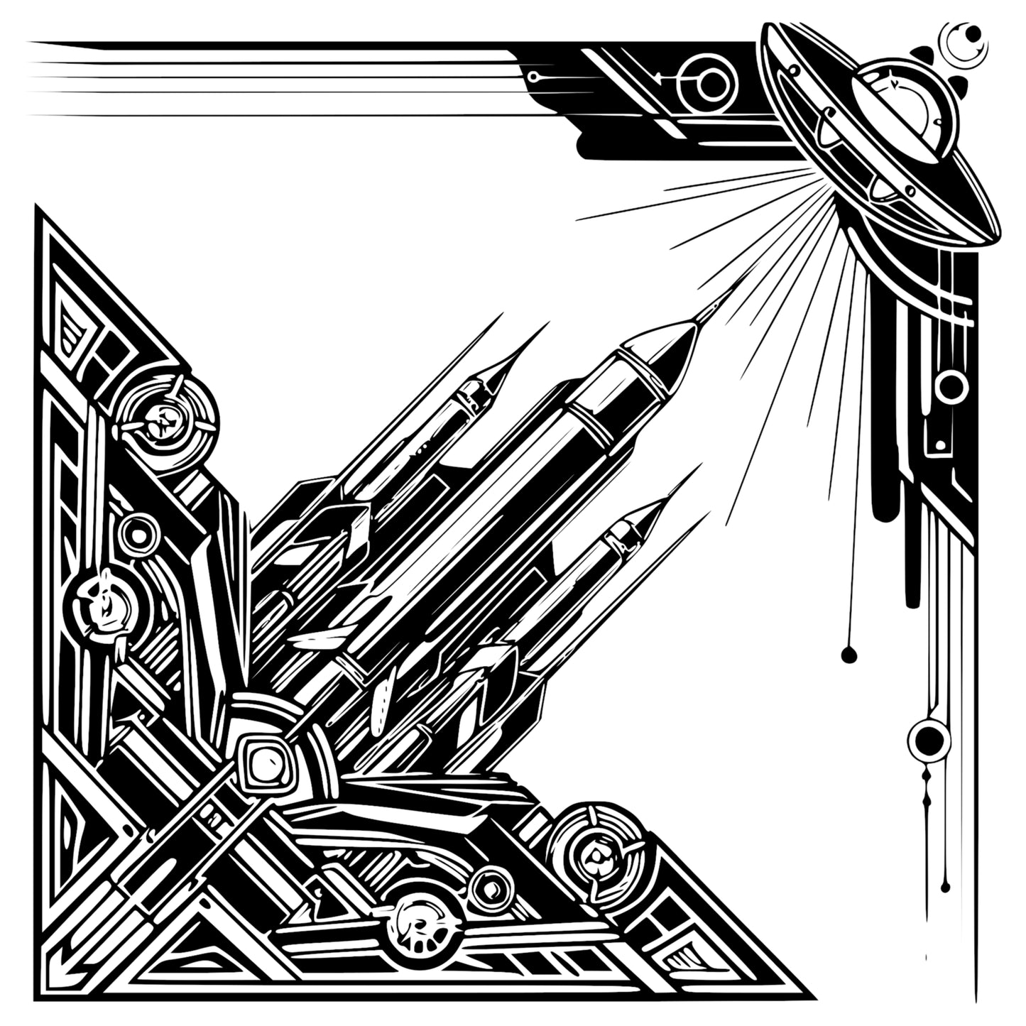 Art Deco Sci-Fi Themed Graphics Bundle - Vintage Clipart, SVG, PNG (Digital Download) 65 images. Black and white art deco style illustrations of cityscapes, robots, airships . The collection includes corner and rectangular compositions.