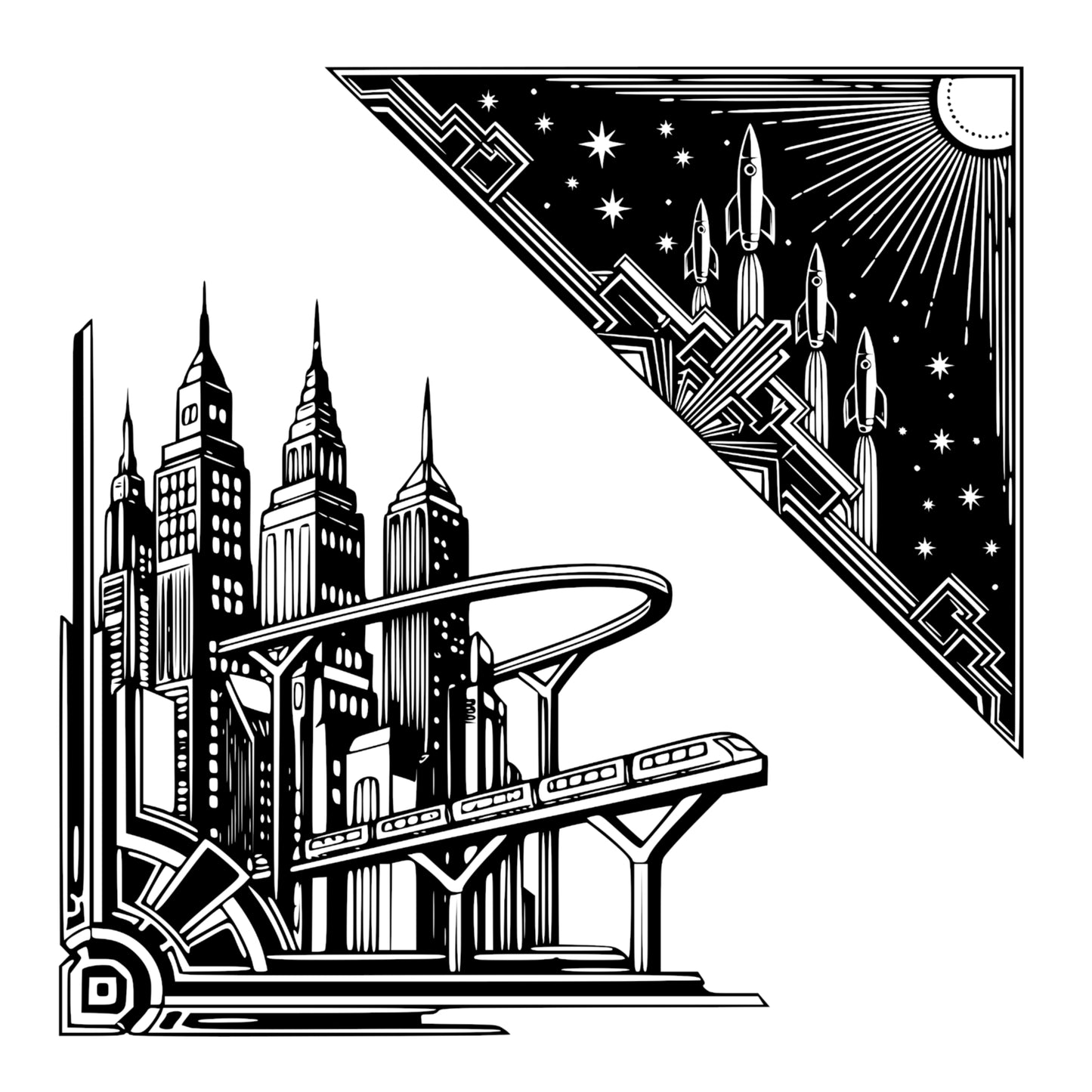 Art Deco Sci-Fi Themed Graphics Bundle - Vintage Clipart, SVG, PNG (Digital Download) 65 images. Black and white art deco style illustrations of cityscapes, robots, airships . The collection includes corner and rectangular compositions.