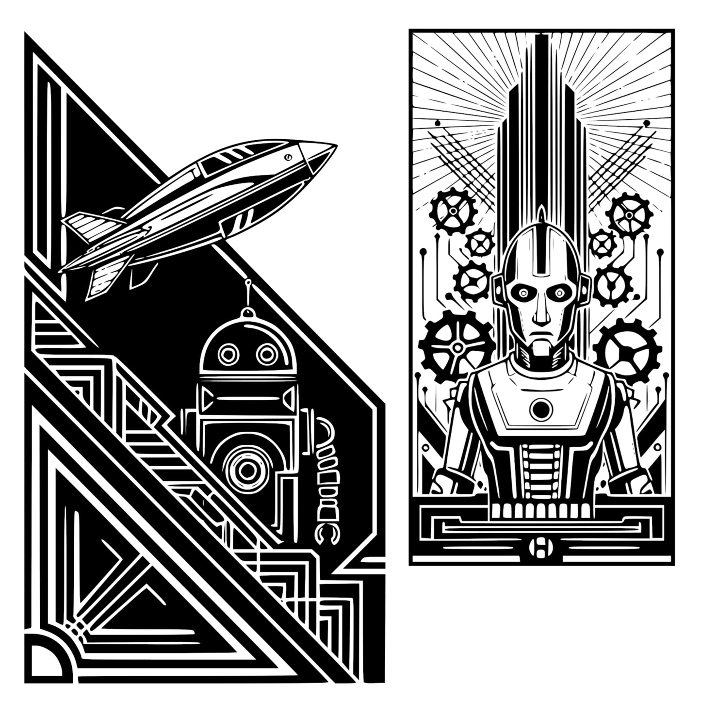 Art Deco Sci-Fi Themed Graphics Bundle - Vintage Clipart, SVG, PNG (Digital Download) 65 images. Black and white art deco style illustrations of cityscapes, robots, airships . The collection includes corner and rectangular compositions.