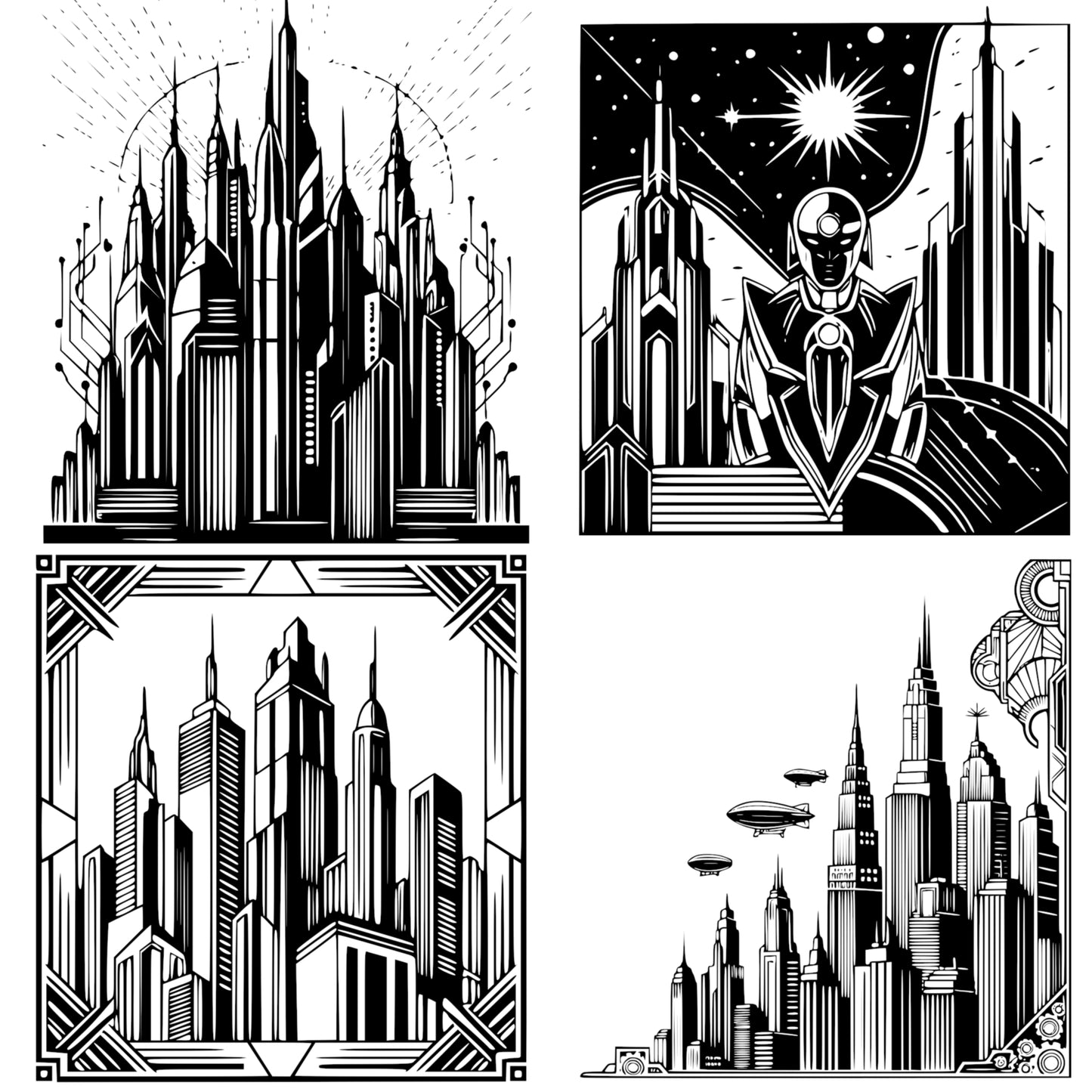 Art Deco Sci-Fi Themed Graphics Bundle - Vintage Clipart, SVG, PNG (Digital Download) 65 images. Black and white art deco style illustrations of cityscapes, robots, airships . The collection includes corner and rectangular compositions.