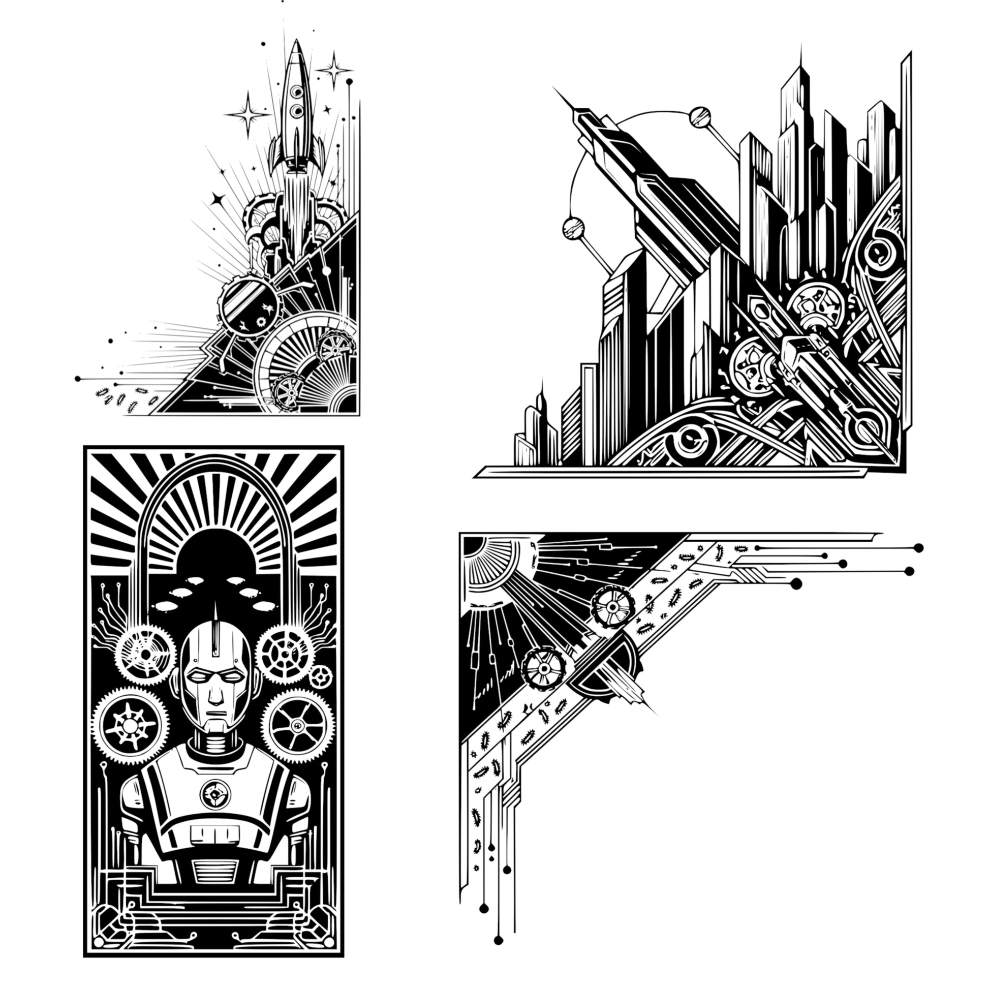 Art Deco Sci-Fi Themed Graphics Bundle - Vintage Clipart, SVG, PNG (Digital Download) 65 images. Black and white art deco style illustrations of cityscapes, robots, airships . The collection includes corner and rectangular compositions.
