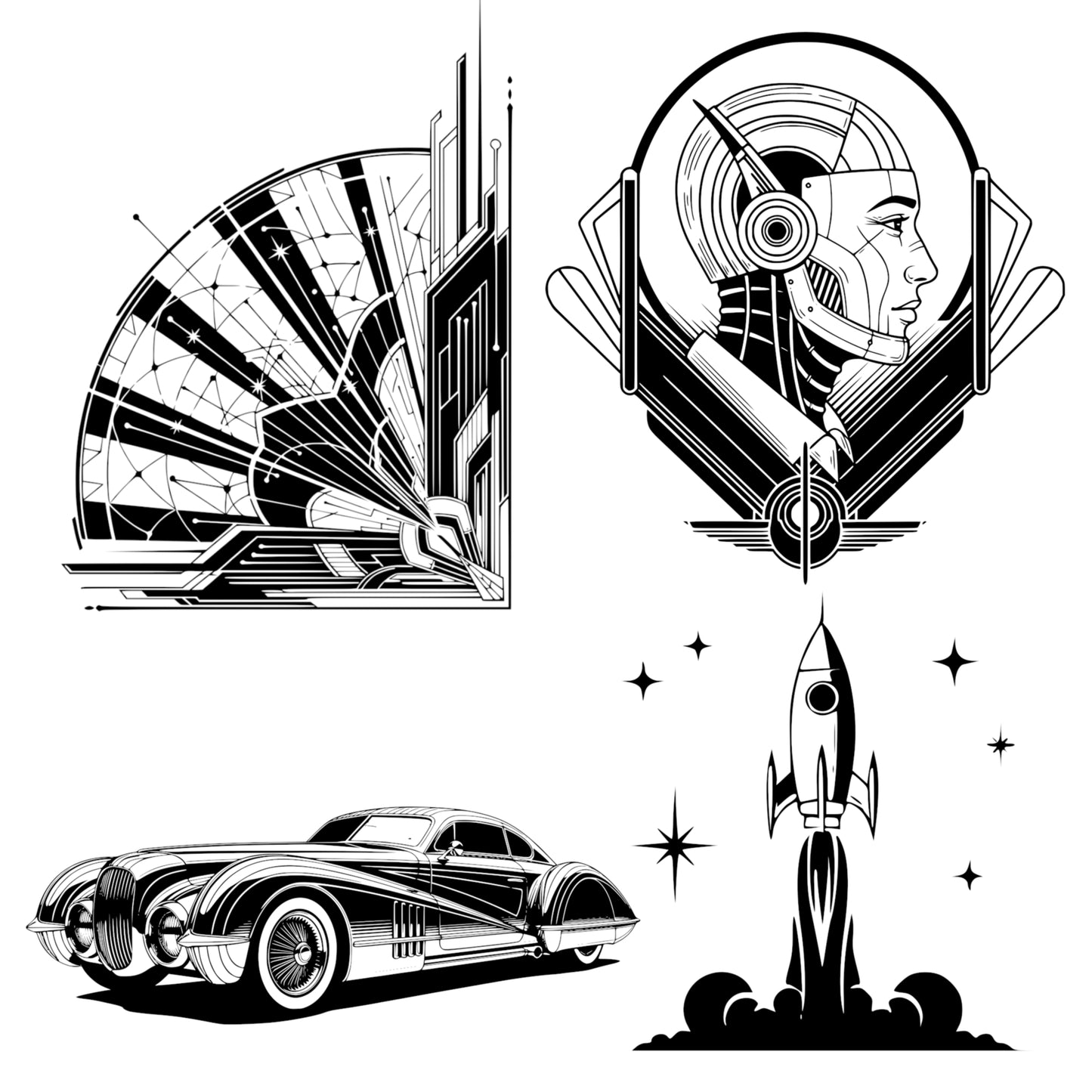 Art Deco Sci-Fi Themed Graphics Bundle - Vintage Clipart, SVG, PNG (Digital Download) 65 images. Black and white art deco style illustrations of cityscapes, robots, airships . The collection includes corner and rectangular compositions.