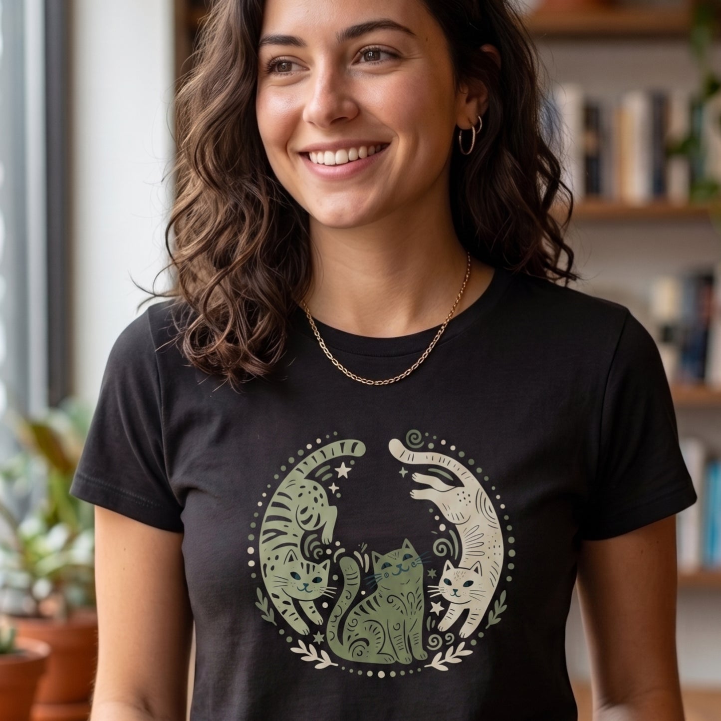 Folk Art Cat Shirt | Celestial Three Cats Tee | Sage Green Mystical T-Shirt