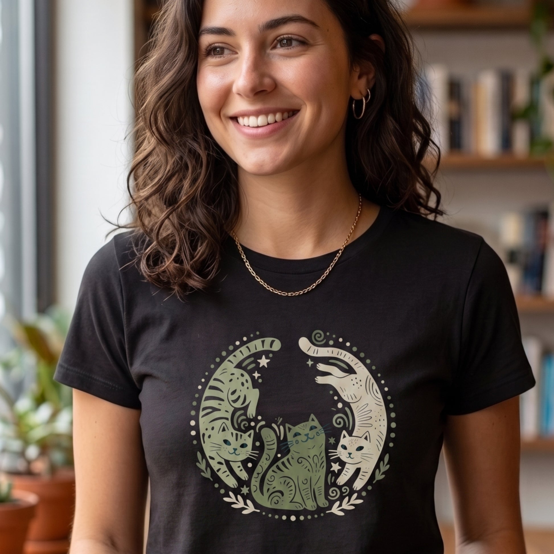 Folk Art Cat Shirt | Celestial Three Cats Tee | Sage Green Mystical T-Shirt