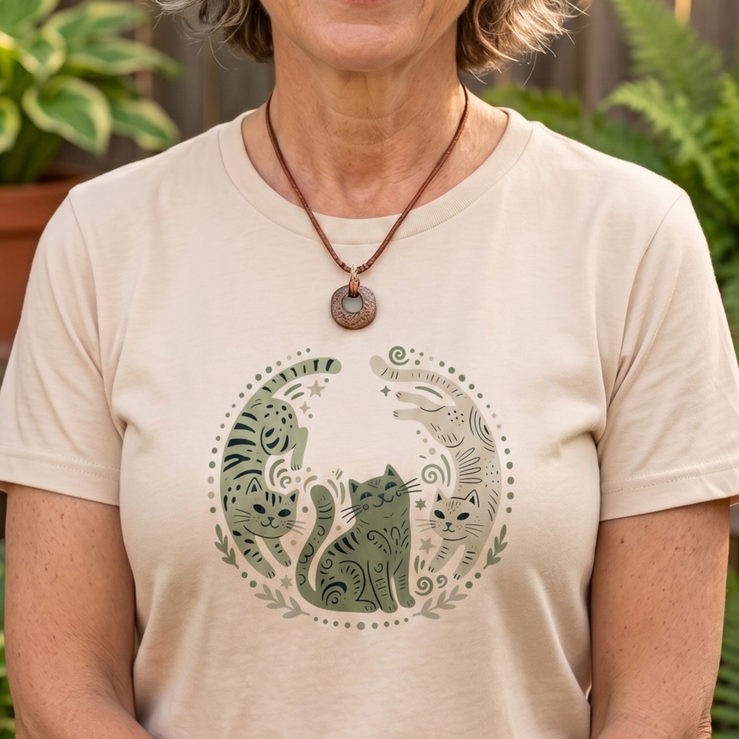 Folk Art Cat Shirt | Celestial Three Cats Tee | Sage Green Mystical T-Shirt