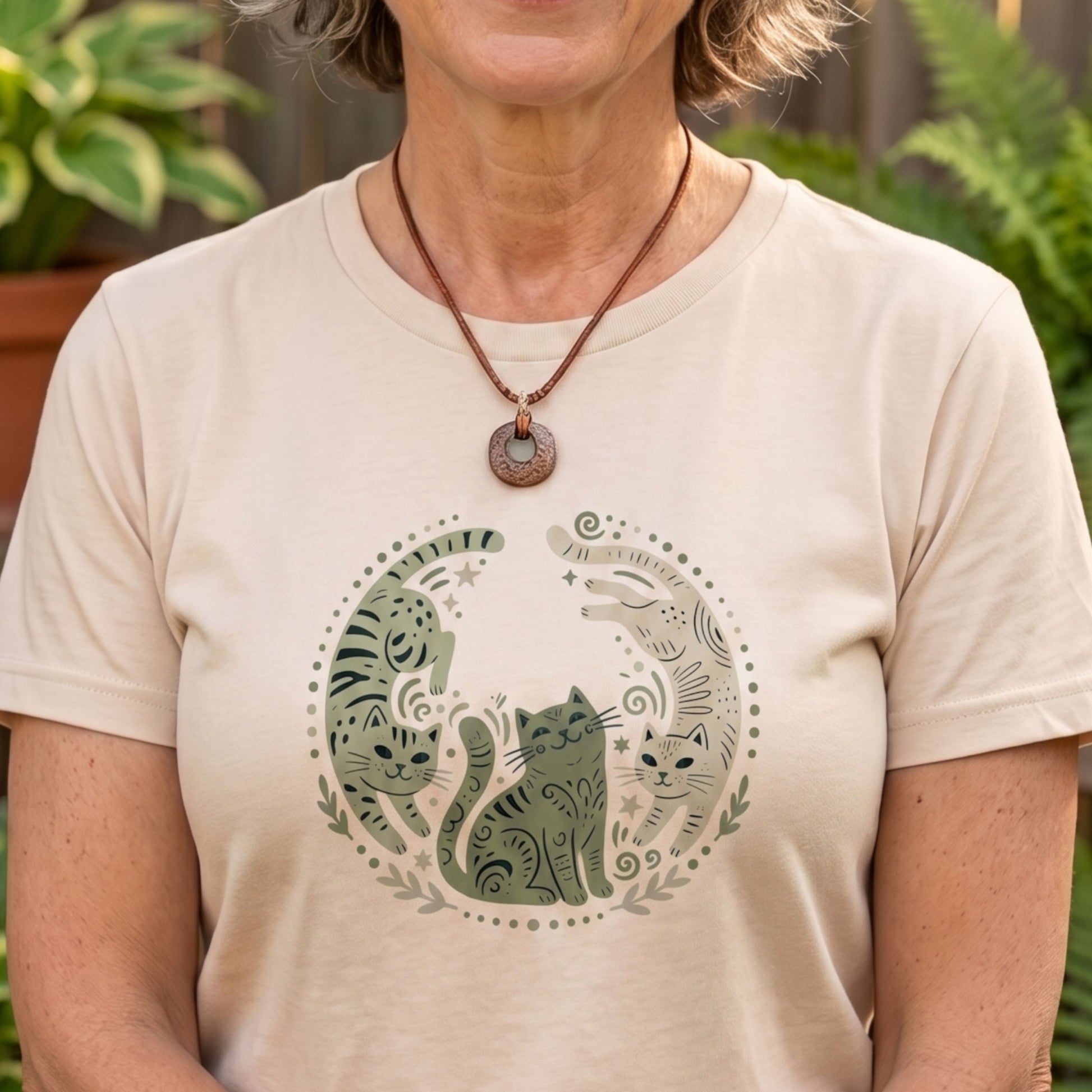 Folk Art Cat Shirt | Celestial Three Cats Tee | Sage Green Mystical T-Shirt