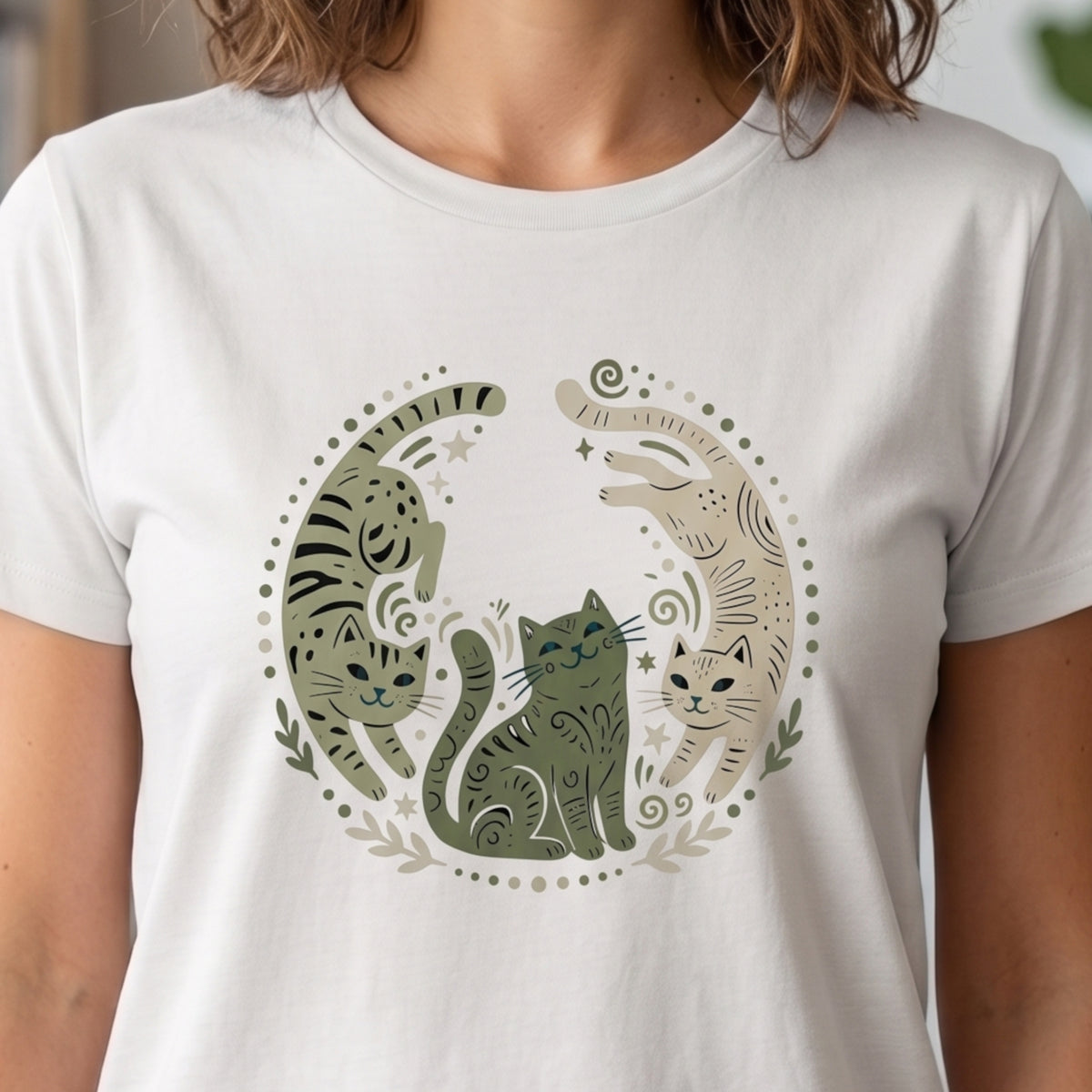 Folk Art Cat Shirt | Celestial Three Cats Tee | Sage Green Mystical T-Shirt