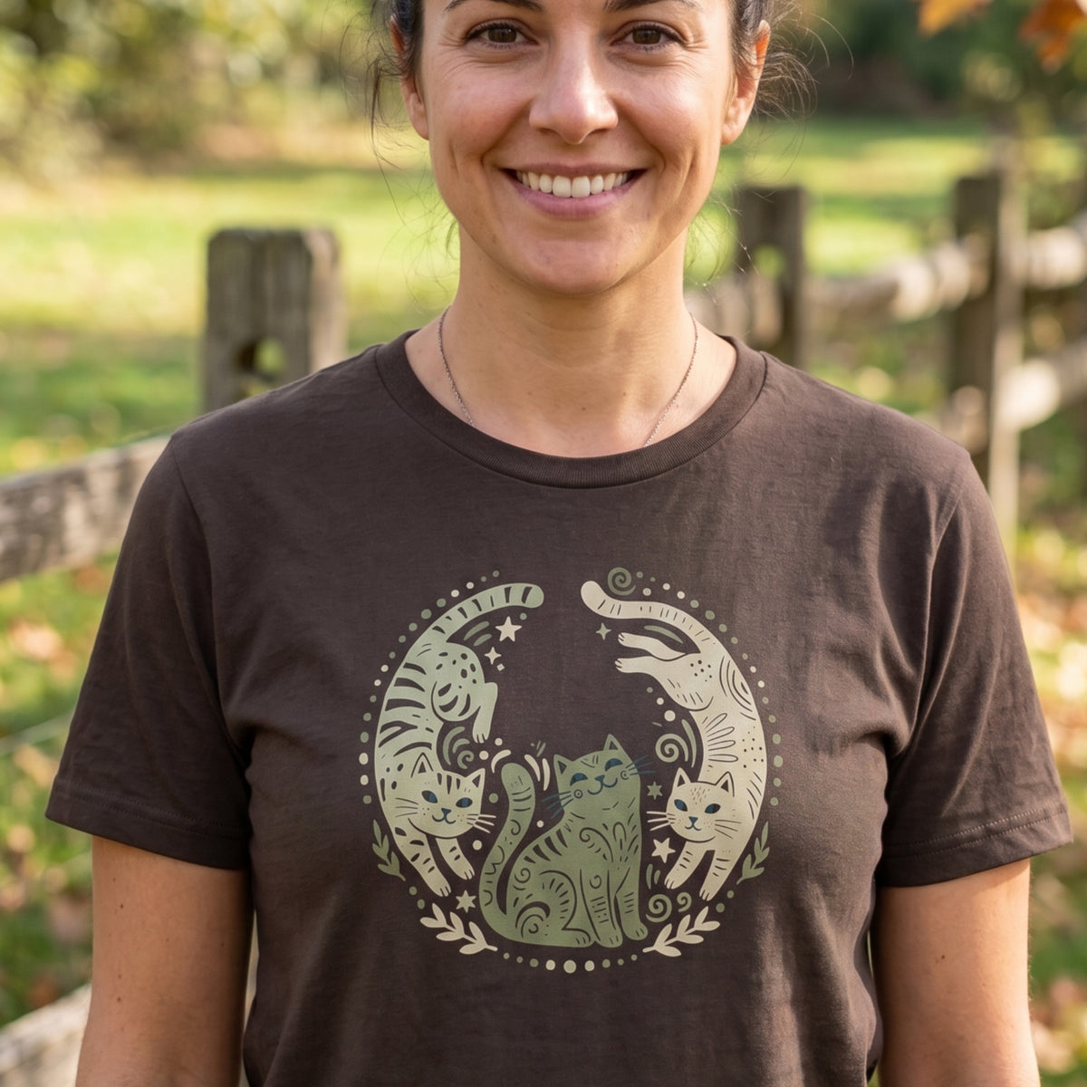 Folk Art Cat Shirt | Celestial Three Cats Tee | Sage Green Mystical T-Shirt