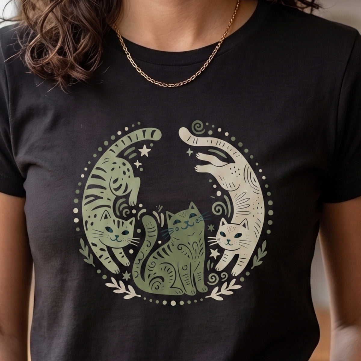 Folk Art Cat Shirt | Celestial Three Cats Tee | Sage Green Mystical T-Shirt
