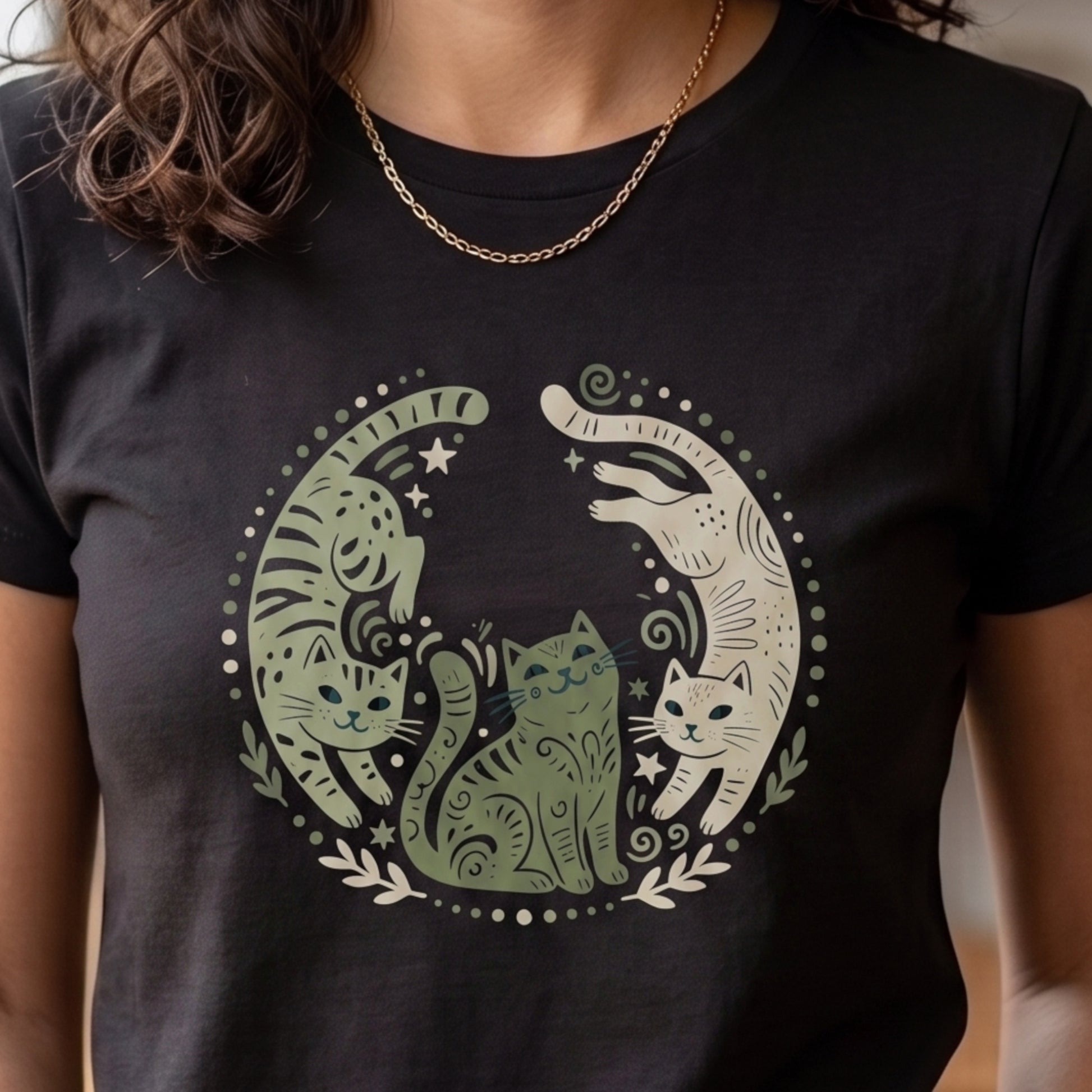 Folk Art Cat Shirt | Celestial Three Cats Tee | Sage Green Mystical T-Shirt