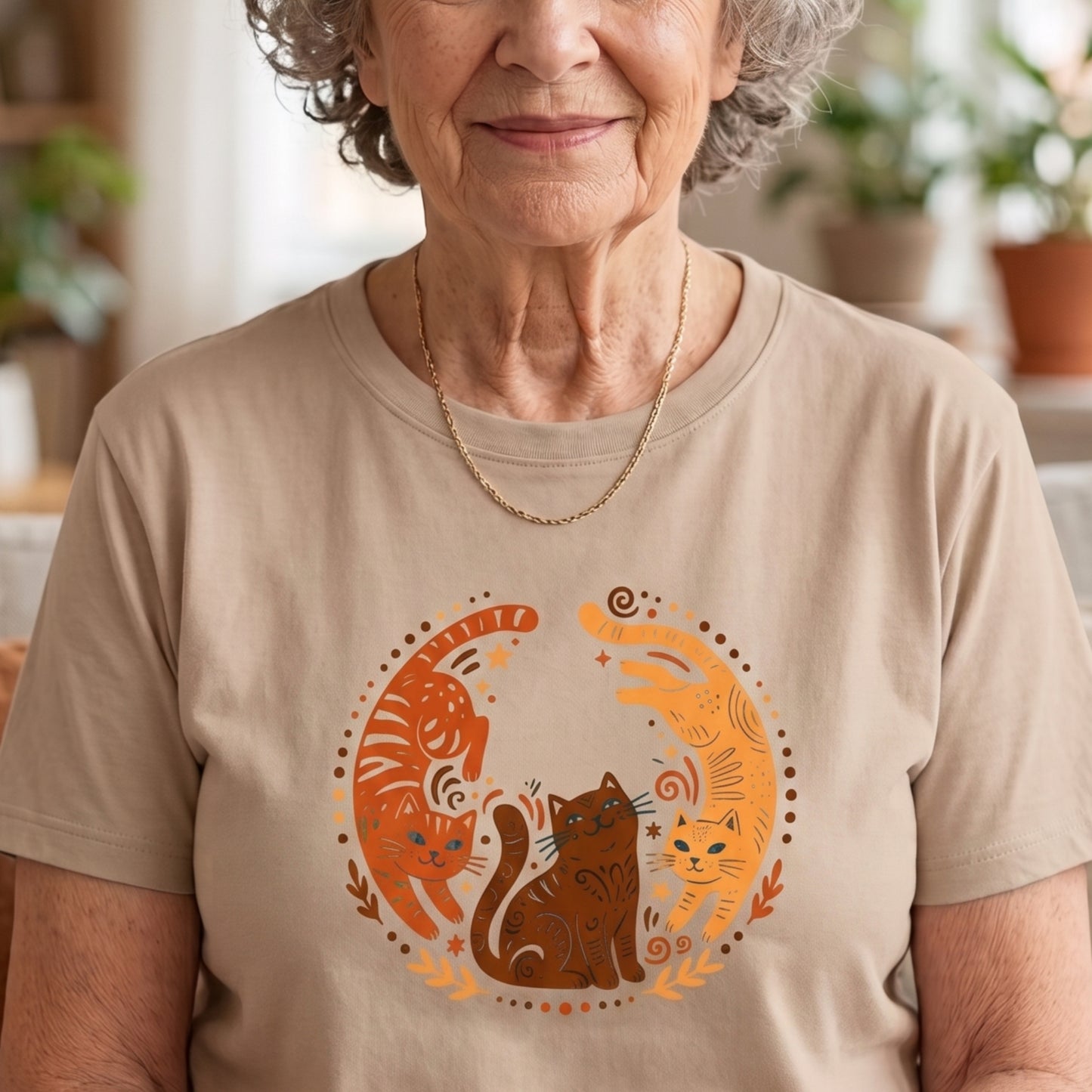 Folk Art Cat Shirt | Celestial Three Cats Tee | Yellow Brown Mystical T-Shirt