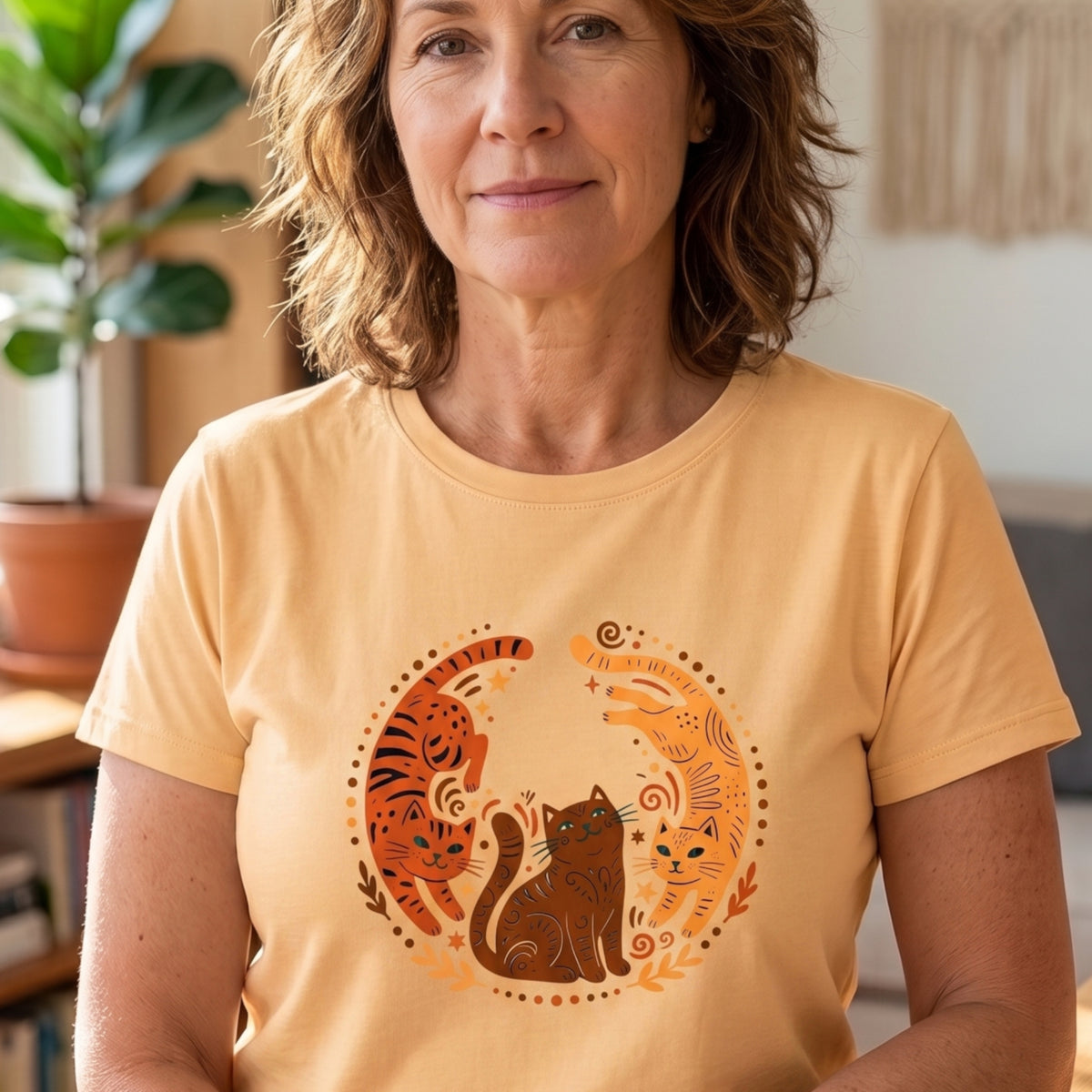 Folk Art Cat Shirt | Celestial Three Cats Tee | Yellow Brown Mystical T-Shirt