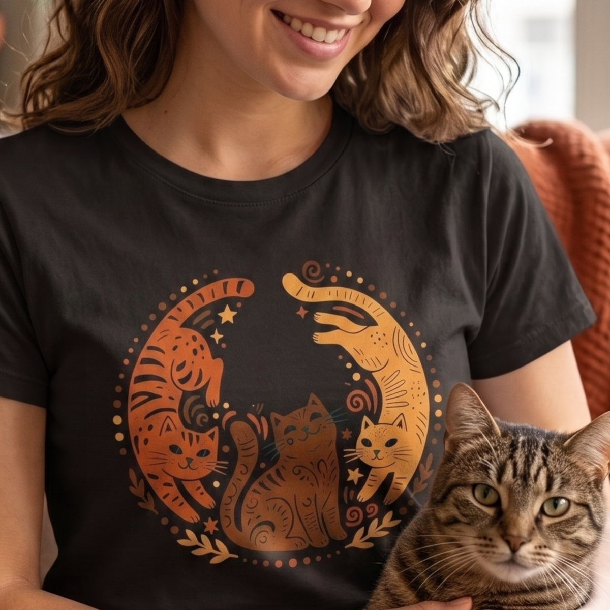 Folk Art Cat Shirt | Celestial Three Cats Tee | Yellow Brown Mystical T-Shirt