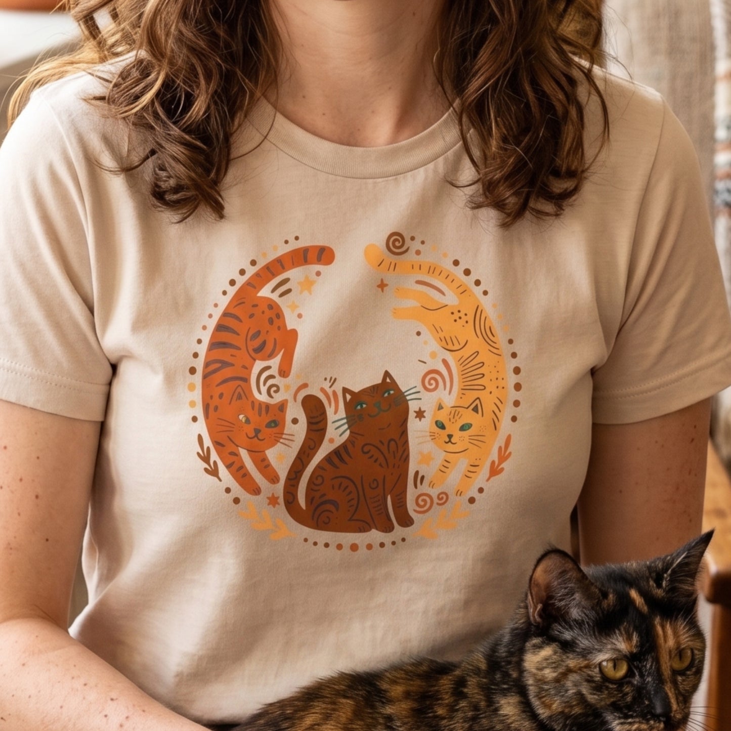 Folk Art Cat Shirt | Celestial Three Cats Tee | Yellow Brown Mystical T-Shirt