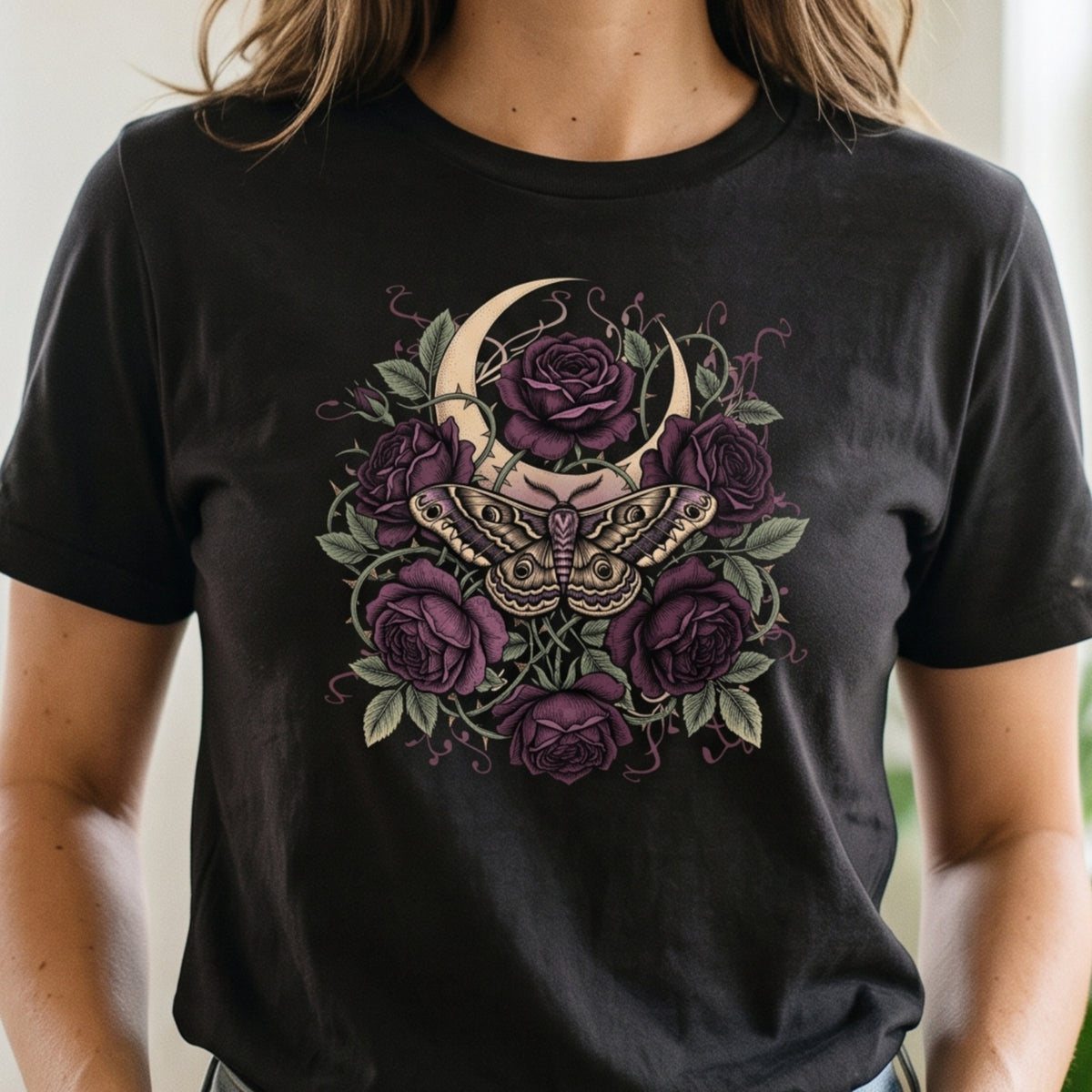 Gothic Moth Shirt, Dark Botanical Moon and Roses Tee, Witchy Celestial Moon Moth T-Shirt, Dark Academia Goth Gift for Her