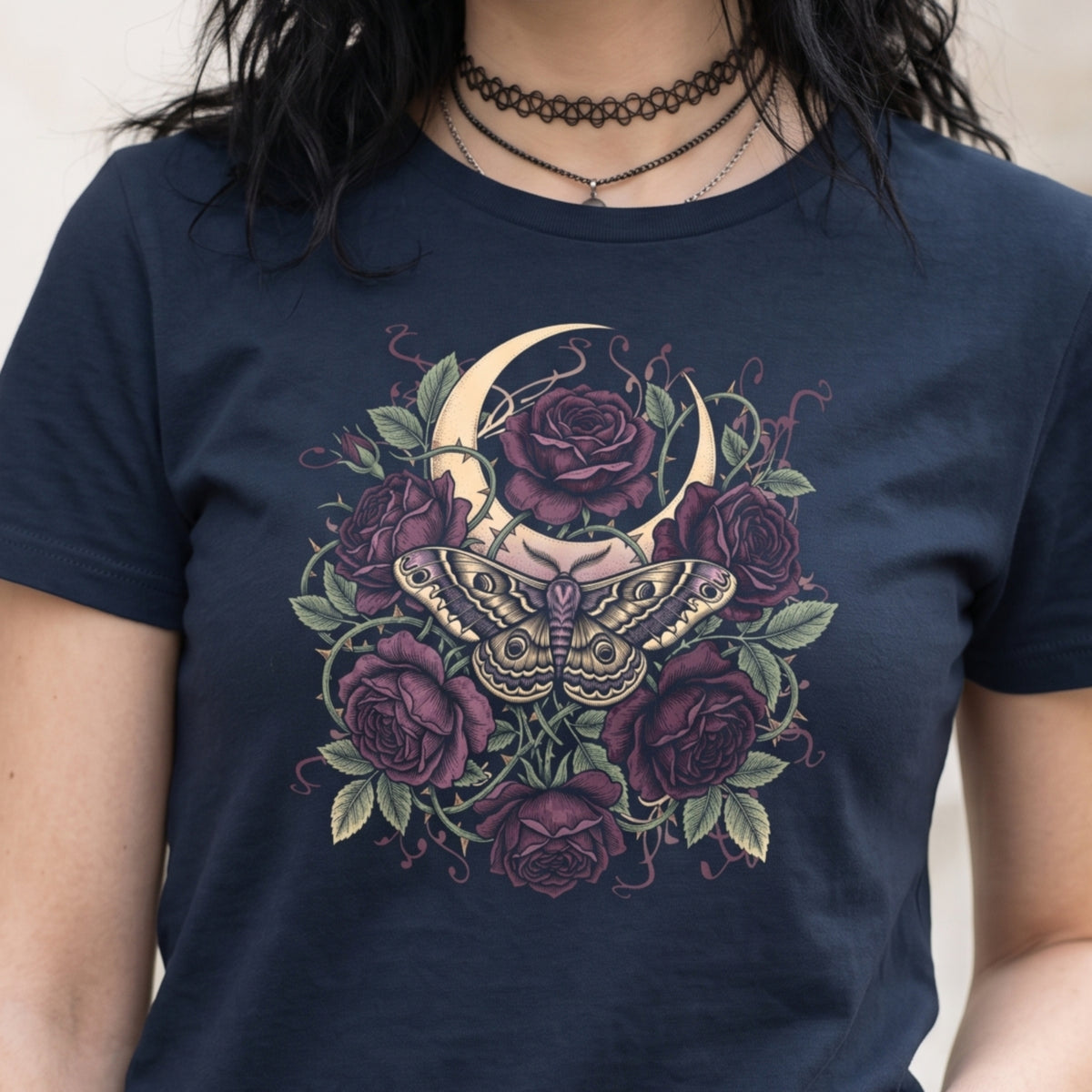 Gothic Moth Shirt, Dark Botanical Moon and Roses Tee, Witchy Celestial Moon Moth T-Shirt, Dark Academia Goth Gift for Her