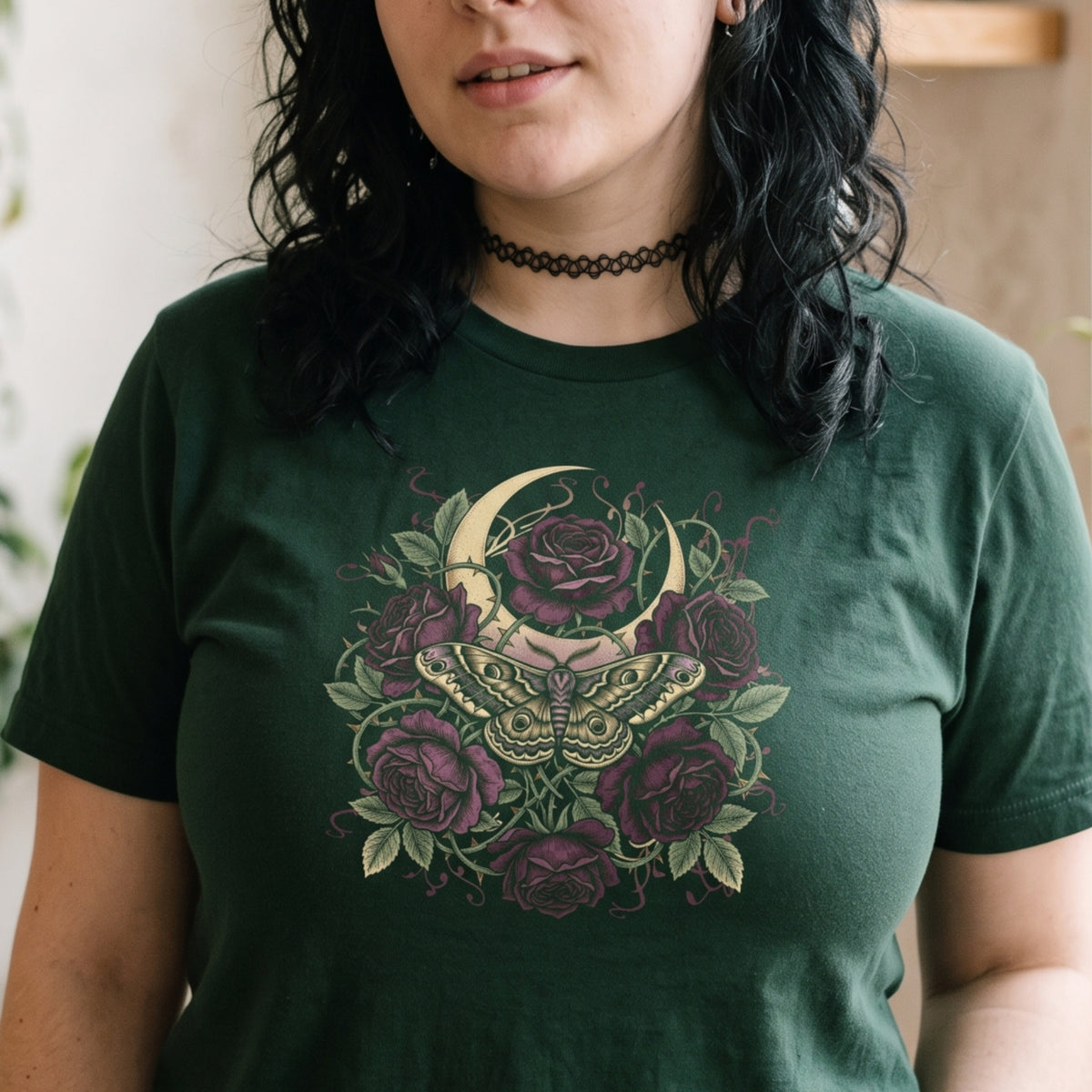 Gothic Moth Shirt, Dark Botanical Moon and Roses Tee, Witchy Celestial Moon Moth T-Shirt, Dark Academia Goth Gift for Her