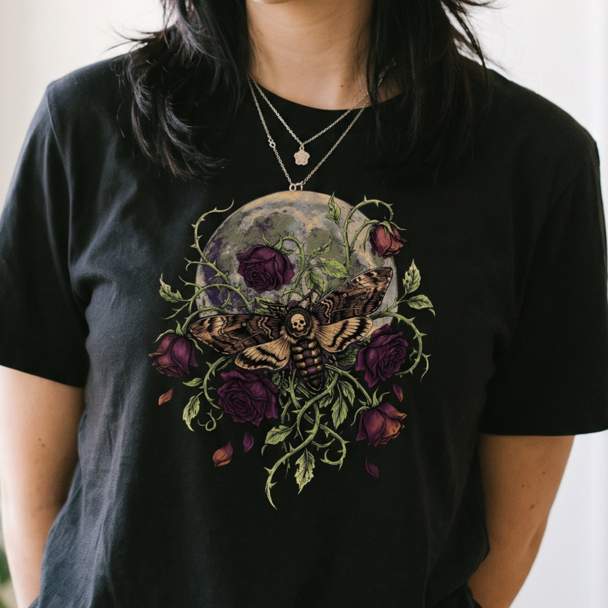 Dark Botanical Moth Shirt, Gothic Moon and Roses Tee, Dark Academia Goth Gift for Her