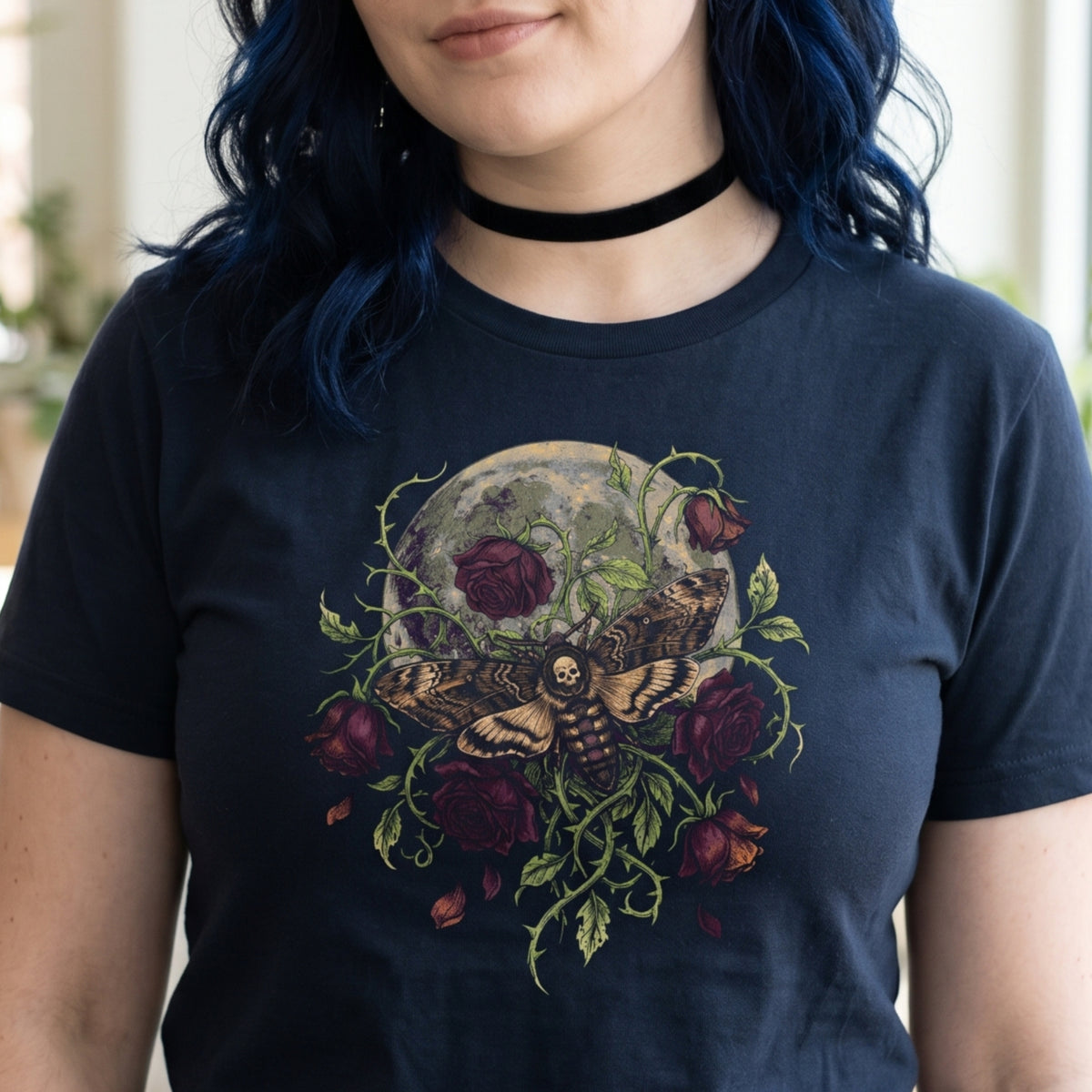 Dark Botanical Moth Shirt, Gothic Moon and Roses Tee, Dark Academia Goth Gift for Her