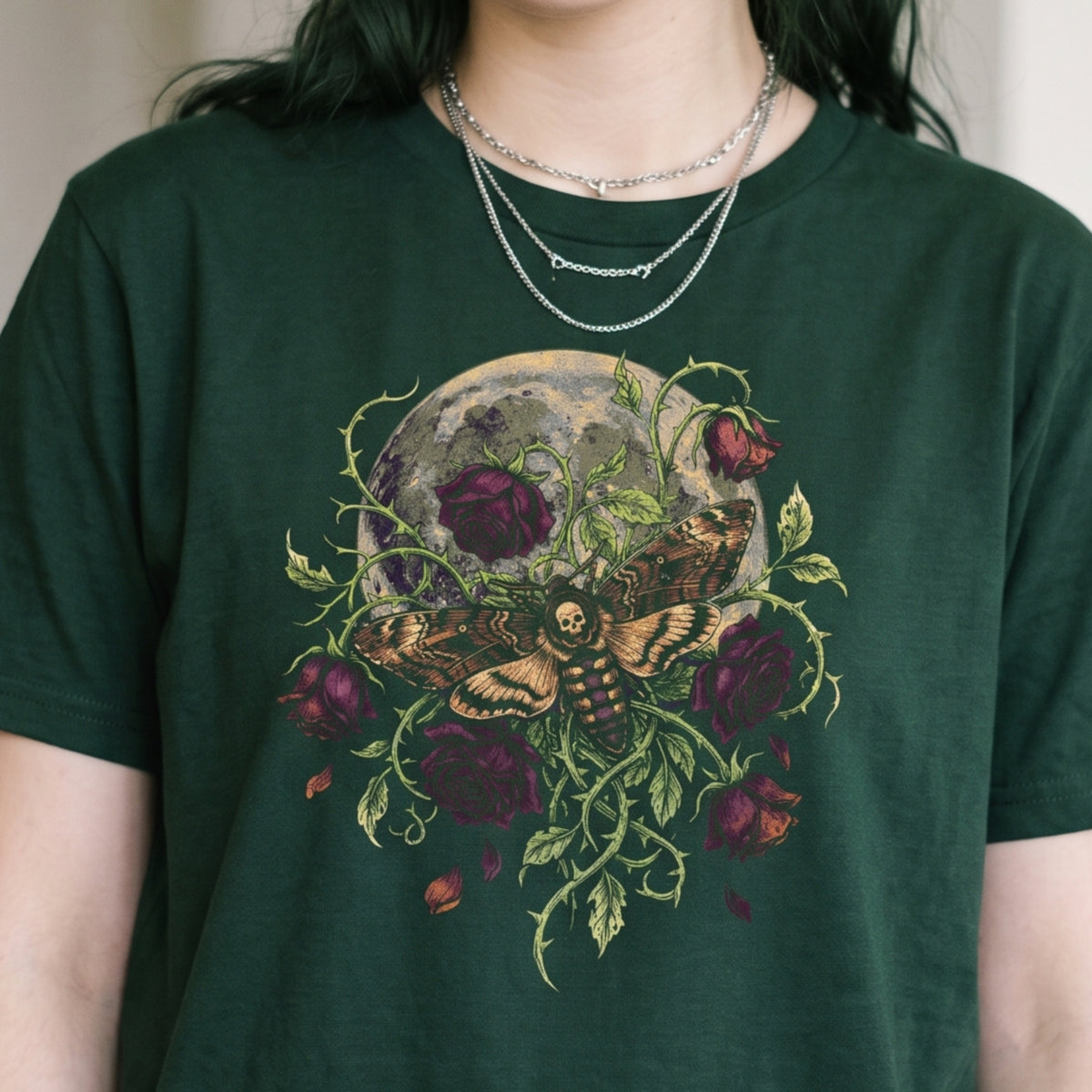 Dark Botanical Moth Shirt, Gothic Moon and Roses Tee, Dark Academia Goth Gift for Her