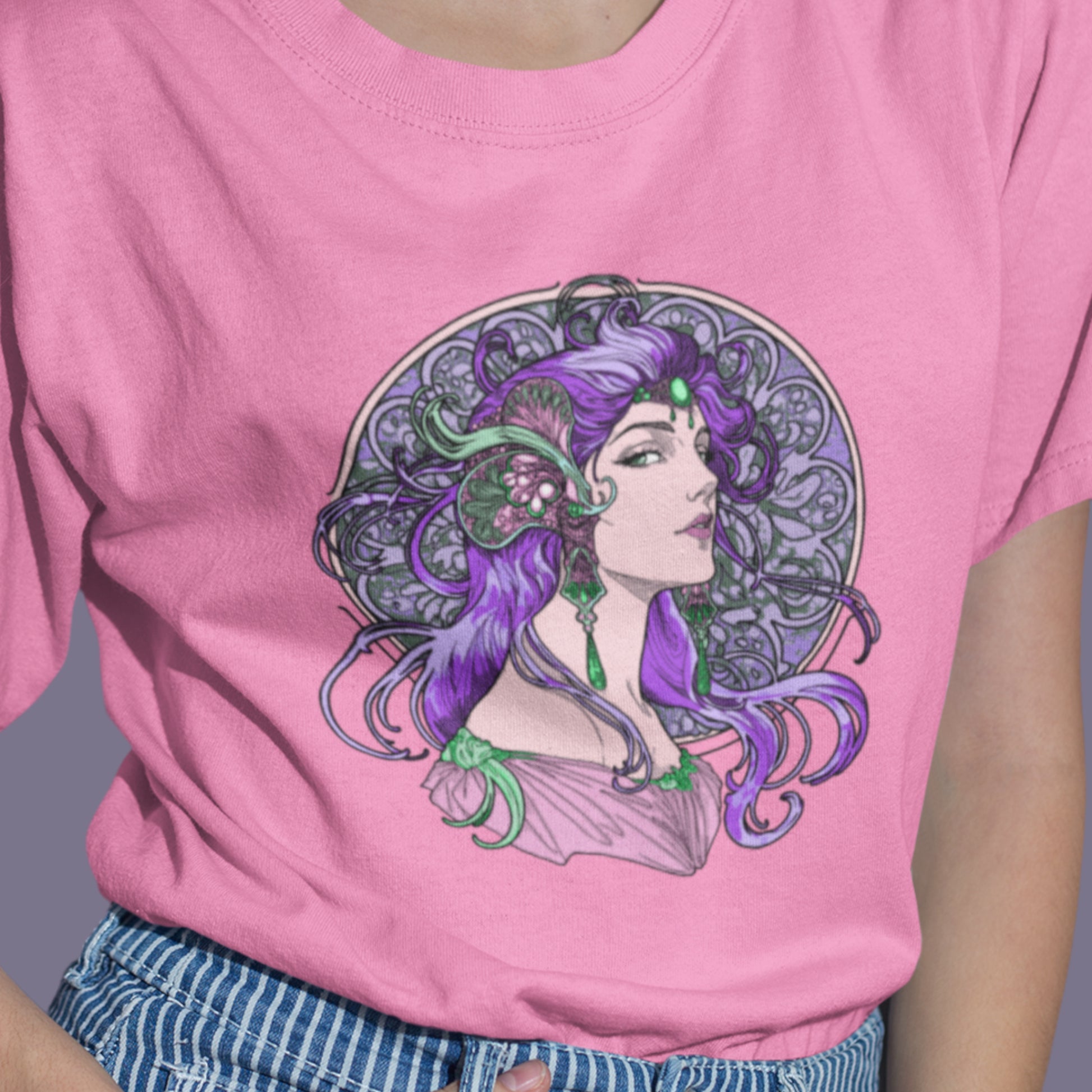 Alphonse Mucha-inspired Purple-haired Woman Unisex classic tee