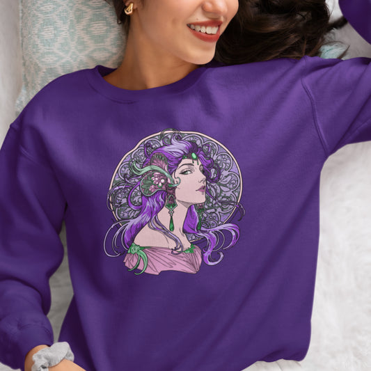 Alphonse Mucha-inspired Purple-haired Woman on Unisex Sweatshirt
