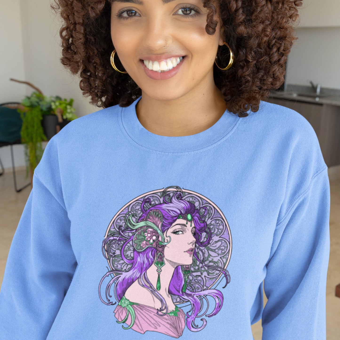 Alphonse Mucha-inspired Purple-haired Woman on Unisex Sweatshirt