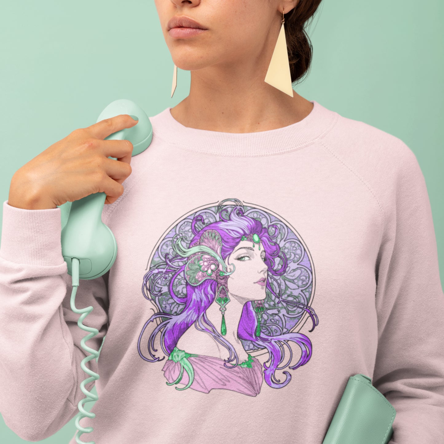 Alphonse Mucha-inspired Purple-haired Woman on Unisex Sweatshirt
