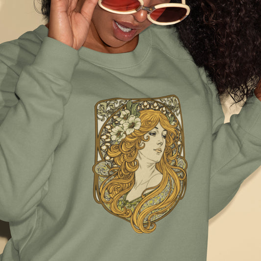 Alphonse Mucha-inspired Woman green/brown tones Unisex Sweatshirt